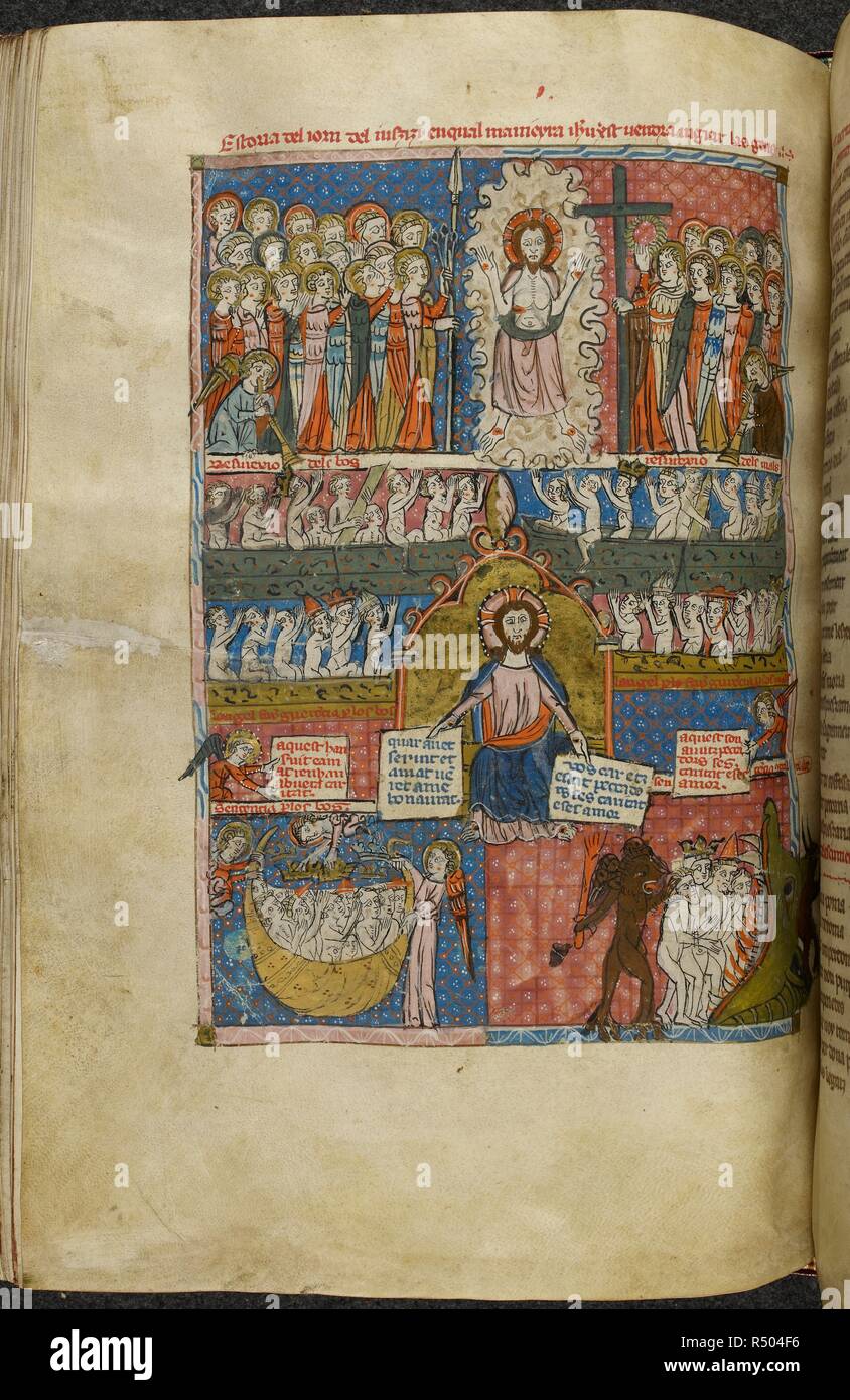 Le Jugement Dernier. La page illustrée du manuscrit de poèmes en ProvenÃ§al . Poèmes, etc. poèmes, &c., dans§ProvenÃ Nom Matfre Ermengau par al, 'en-hor en leys' [docteur en droit ?]et troubadour, de BÃ©ziers. Dates Ermengau le début de son poème, le chef Breviari, en 1288 (f. 7, l. 13), et l'achèvement d'environ deux tiers en 1299 (f. 160). Source : Royal 19 C. Je f.125v. Langue : ProvenÃ§al. Banque D'Images