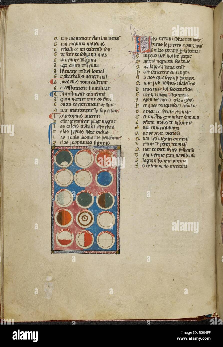 La page illustrée du manuscrit de poèmes etc. dans ProvenÃ§al . Poèmes, etc. poèmes, &c., dans§ProvenÃ Nom Matfre Ermengau par al, 'en-hor en leys' [docteur en droit ?]et troubadour, de BÃ©ziers. Dates Ermengau le début de son poème, le chef Breviari, en 1288 (f. 7, l. 13), et l'achèvement d'environ deux tiers en 1299 (f. 160). Source : Royal 19 C. Je f.49v. Langue : ProvenÃ§al. Banque D'Images