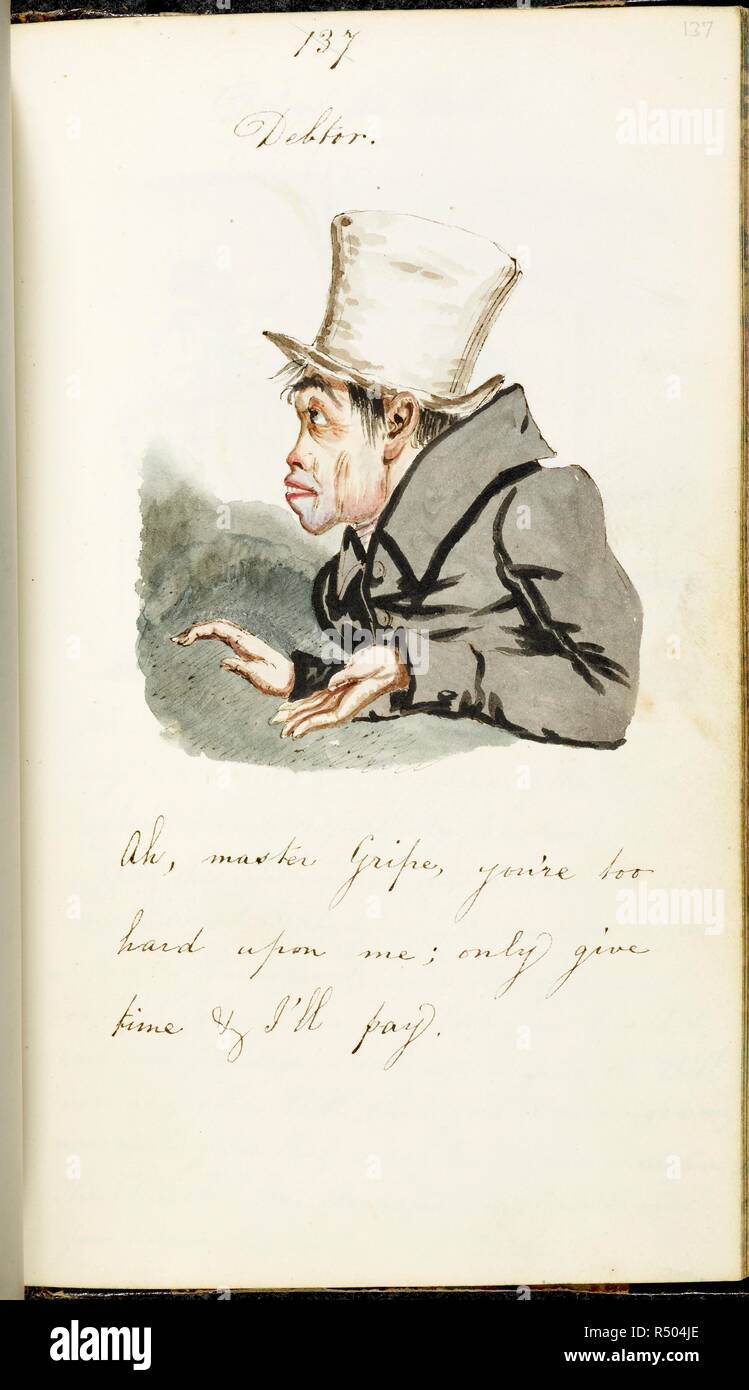 'Debter" Illustration de l'homme à grand chapeau avec paume tournée vers le haut. Vols de fantaisie par J.F. Junr hareng. Jany. 1. 1831. Londres en Angleterre. John Frederick Herring Junior. Sketchbook lié de J. F. Herring (b. 1815, d. 1907) intitulée "Le oeFlights de plaqués par J.F. Junr hareng. Jany. 1. 1831â€. Aquarelle et dessins à l'encre, l'encre avec des sous-titres. Source : ajouter. 74284 f.137. Langue : Anglais. Banque D'Images