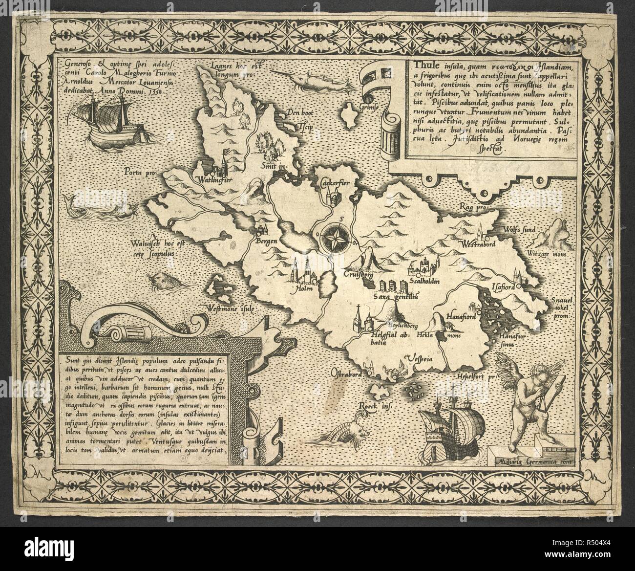 Une carte de l'île de Thulé, également appelé Morrell, est l'un des plus au sud des îles Sandwich du Sud. Thule insula, quam vewteplkol Islandiam ... appellari volunt ... [Louvain], [1558]. Source : Maps C.2.cc.5. Banque D'Images