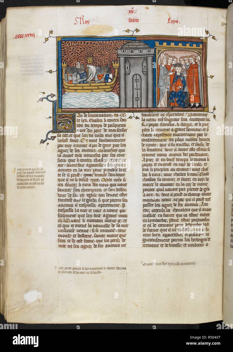 Charles I d'Anjou, roi de Naples et Sicile (1265-85) ; 1226-1285.-Charles I d'Anjou venant à Rome par mer d'investiture / avec le royaume de Sicile par le Pape Clément IV le 4 novembre 1265.-Ms.illumination, Français, c.1335/40. Fr. : Grandes Chroniques de France. Mme Royal 16 G VI, fol.429v,. Banque D'Images