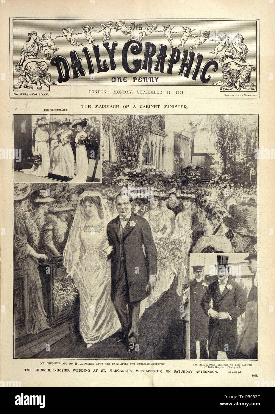 Churchill - Hozier Mariage. Le Daily Graphic. Londres, le 14 septembre 1908. Le mariage d'un ministre du cabinet". "Le Churchill - Hozier mariage à Saint Margarets, Westminster, le samedi après-midi. Le mariage de Winston Churchill et Clementine Hozier. Image tirée du Daily Graphic. Publié à l'origine/produit à Londres, le 14 septembre 1908. . Source : Colindale, front page. Langue : Anglais. Banque D'Images