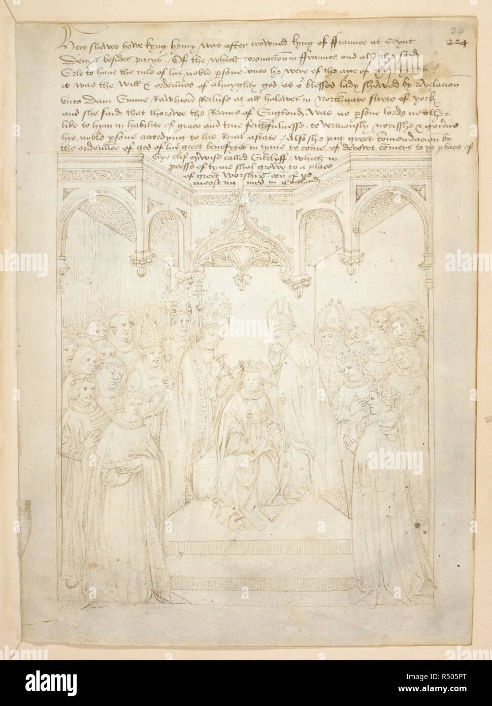 Pageant XLVII. Le roi Henry VI est couronné roi de France à Paris, par son grand-oncle, le Cardinal Beaufort, 16 décembre 1431 à Notre Dame. Deux évêques se tiennent de chaque côté du jeune roi. L'archevêque se tient derrière le roi. Beauchamp Pageants. S. Pays-bas [Bruges ?] ; après 1483. Source : Cotton Julius E. IV, article 6, f.24. Langue : Anglais. Banque D'Images