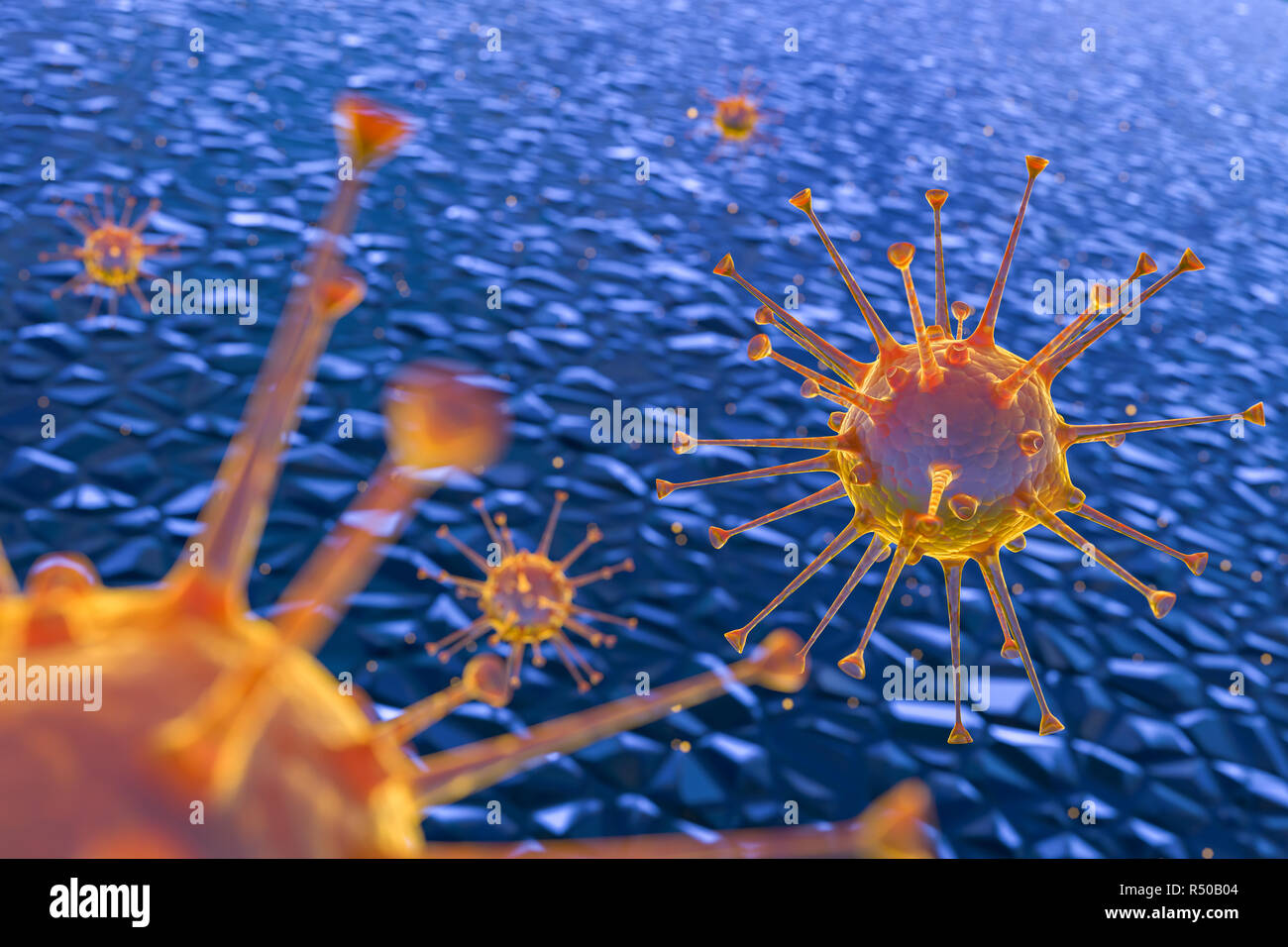 Modèle 3D de certains virus ou bactéries dans son environnement microscopique Banque D'Images