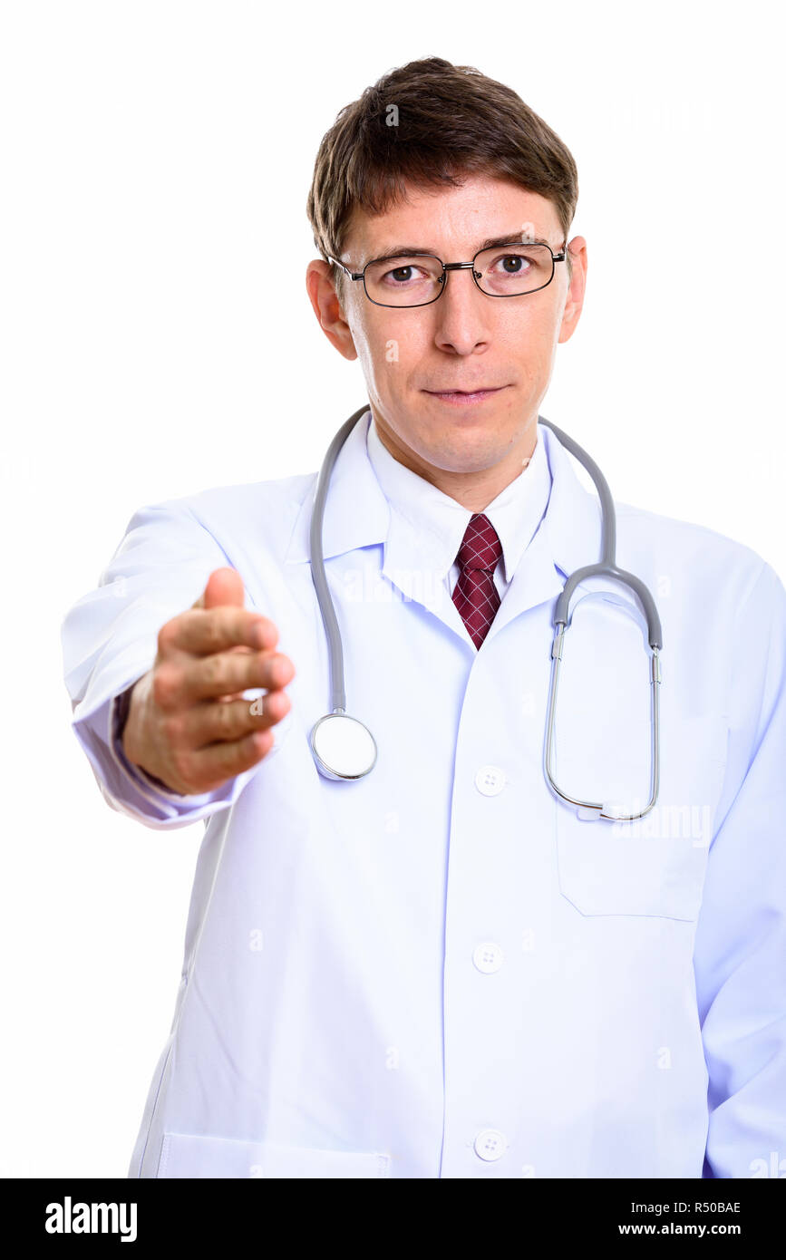 Portrait de l'homme médecin donnant handshake Banque D'Images