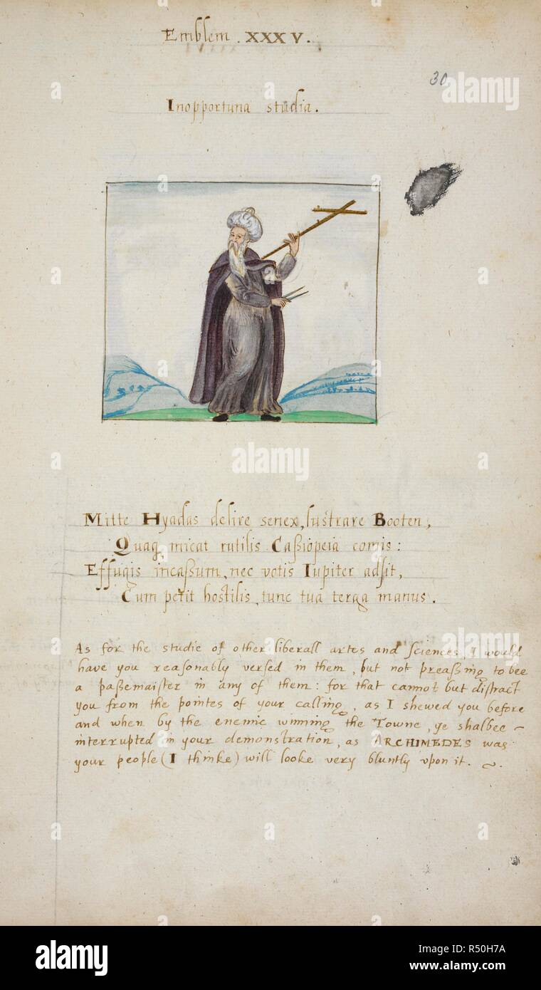 'Inopportuna emblème XXXV studia'. Illustration d'une figure [Archimedes ?] dans un paysage holding diviseurs et une règle en forme de croix ; avec le verset. Dédiée au prince Henry. Livre d'emblèmes illustrant les Basilicon Doron de James I. Angleterre [Londres] ; vers 1610. Source : Royal 12 A. LXVI, f.30. Langue : le latin et l'anglais. Auteur : James I., Henry Peacham. Banque D'Images