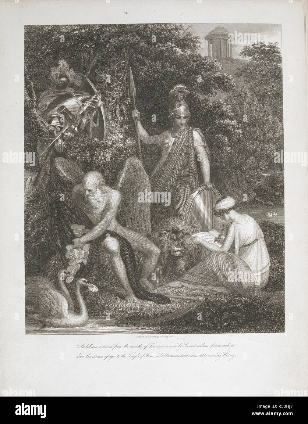 'Medallions diffusés par le manteau de l'heure sont transportées par les cygnes (emblèmes de l'immortalité jusqu'au torrent d'âges au temple de la renommée alors que les points de Britannia à l'enregistrement de l'histoire.'. L'antiquité de la famille britannique : illustration de l'origine et l'évolution de la position, des honneurs et de mérite personnel, de la noblesse du Royaume-Uni ; accompagné d'un élégant ensemble de tableaux chronologiques / par William Playfair ... Londres : Imprimé par T. Bensley, Bolt-Court. Publié par T. Reynolds et W. Playfair., les propriétaires, n° 13, à Thavies Inn, Holborn., 1809-1811. Source : 136.e.3 frontispie Banque D'Images