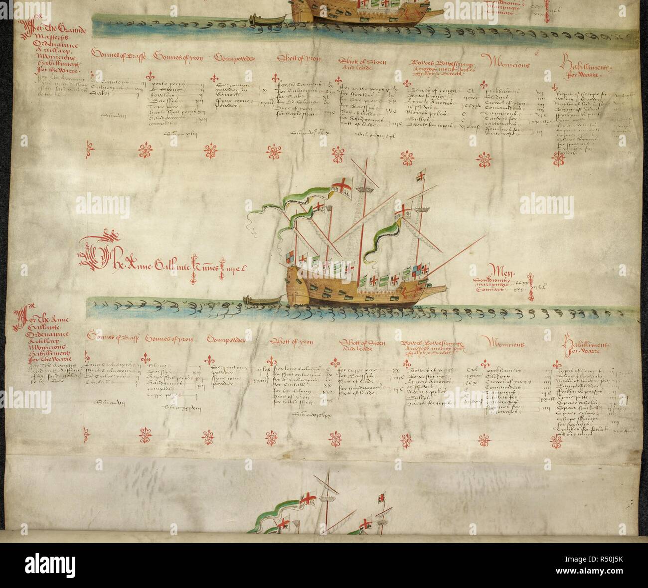 Une illustration et des pages de texte d'un journal illustrant les navires de la flotte de la marine du roi à partir de 1546. . La deuxième Rolle declaryng le nombre de l'Maiestys Galliasses Kynges owne. Angleterre 1546. La deuxième Rolle declaryng le nombre de l'Kynges Maiestys Galliasses owne ;' avec dessins en couleur des navires et des déclarations de leurs équipages et l'armement. À la fin du rouleau est écrit 'Tu Mates humble et poure seruant. Par moi. Anthony Anthony' [1546]. C'était en la possession de Samuel Pepys, secrétaire à l'amirauté sous le règne de Charles II ; et le premier rouleau st Banque D'Images