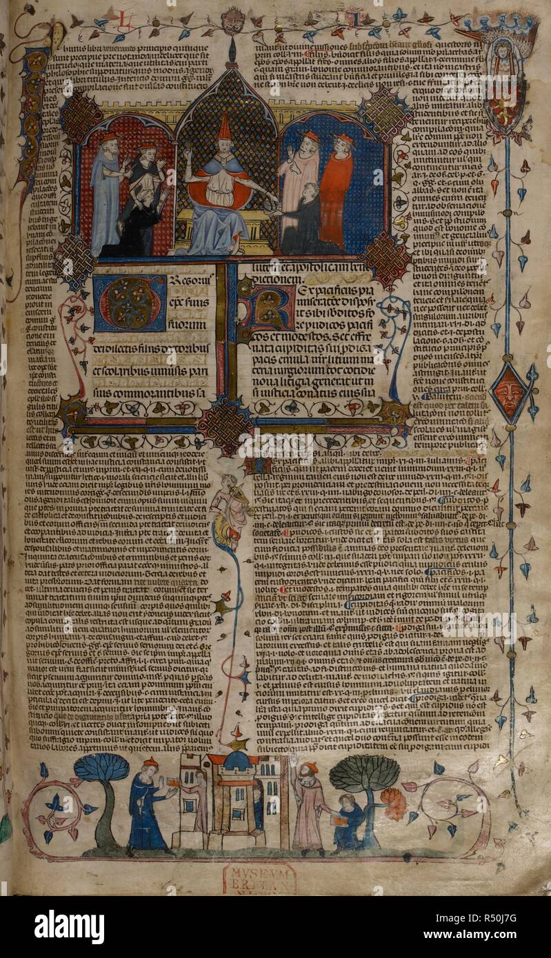 Un pape et des cardinaux ; ci-dessous, deux hommes se tenir l'une ou l'autre côté d'un bâtiment. Décrétales de Grégoire IX. Italie, début du 14ème siècle. Source : Royal 10 E. IV, f.4. Banque D'Images