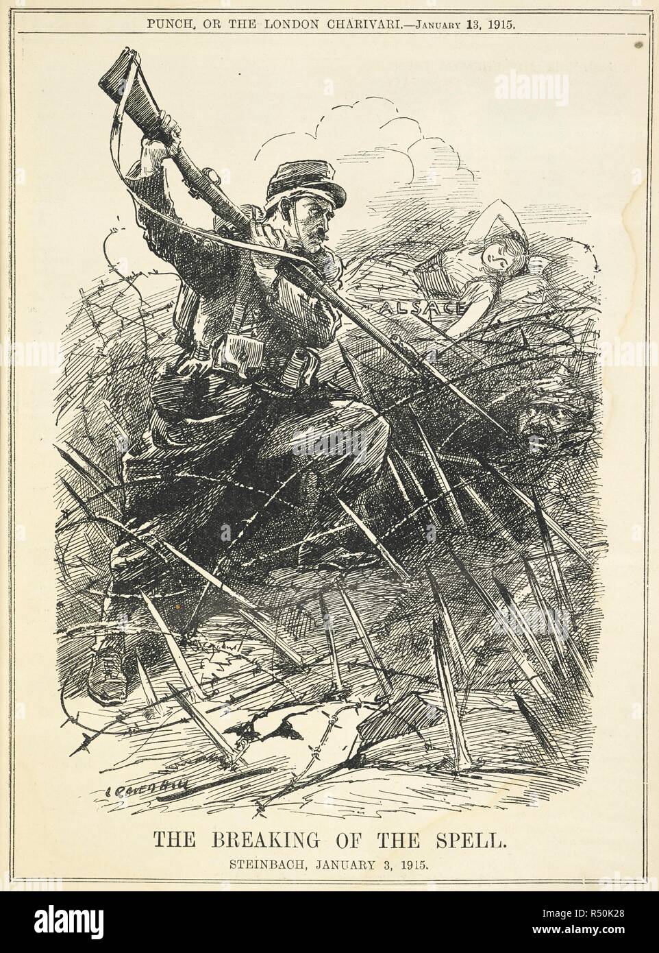"La rupture de l' orthographe. Steinbach, le 3 janvier, 1915'. Caricature montrant un soldat français d'attaquer un soldat allemand. Poing ou la London charivari. Londres, 1915. Source : PP.5270, 13 janvier 1915, page 23. Auteur : Raven-Hill, Leonard. Banque D'Images