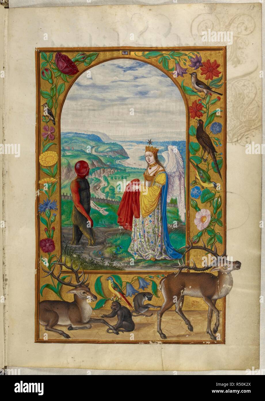 Illustration de la parabole : Un quatrième queen propose une robe d'un homme noir sortant d'une piscine, sa tête couverte en partie par un globe de verre ; bordures décorées avec des cerfs, des singes, des oiseaux et des fleurs. Splendor Solis. Allemagne, 1582. Source : Harley 3469, f.18. Langue : Allemand. Auteur : Trismosin, Salomon. Banque D'Images