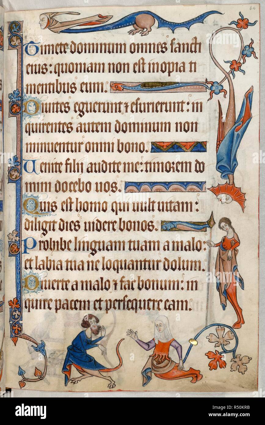 Psaume 33 ; grotesques. Luttrell Psalter. L'Angleterre [East Anglia] ; années 1325-1335. Ensemble folio. Psaume 33. Décoration à la frontière avec les grotesques, dont un avec une tête humaine et les branchies et la queue avec le feuillage. Un autre a le haut du corps d'une jeune femme tenant une lance et un arrière-train de la bête. Dans la marge inférieure, un homme barbu et une femme voilée, à la fois avec l'arrière-train des animaux. La queue de la femme porte une bague en or et de pousses de feuilles de chêne. Image tirée du Luttrell Psalter. À l'origine produite en Angleterre [East Anglia] ; années 1325-1335. . Source : ajouter. 42130, f.64. Langue : le latin. Banque D'Images