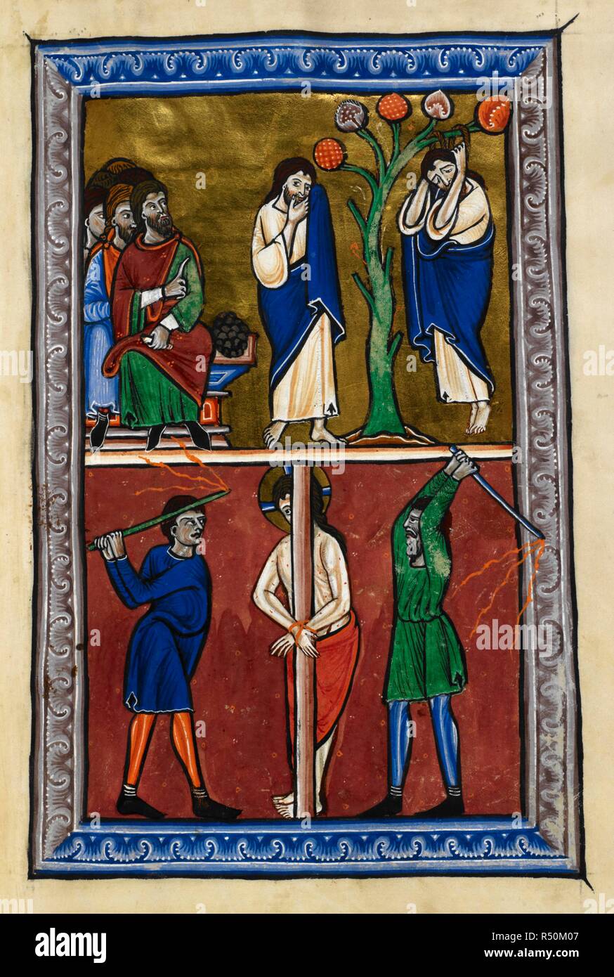 Au-dessus, la mort de Judas. Ci-dessous, la flagellation du Christ. Psautier et Heures. [Angleterre] Oxford ; années 1200-1210. Source : Arundel 157, f.10. Langue : le latin. Banque D'Images