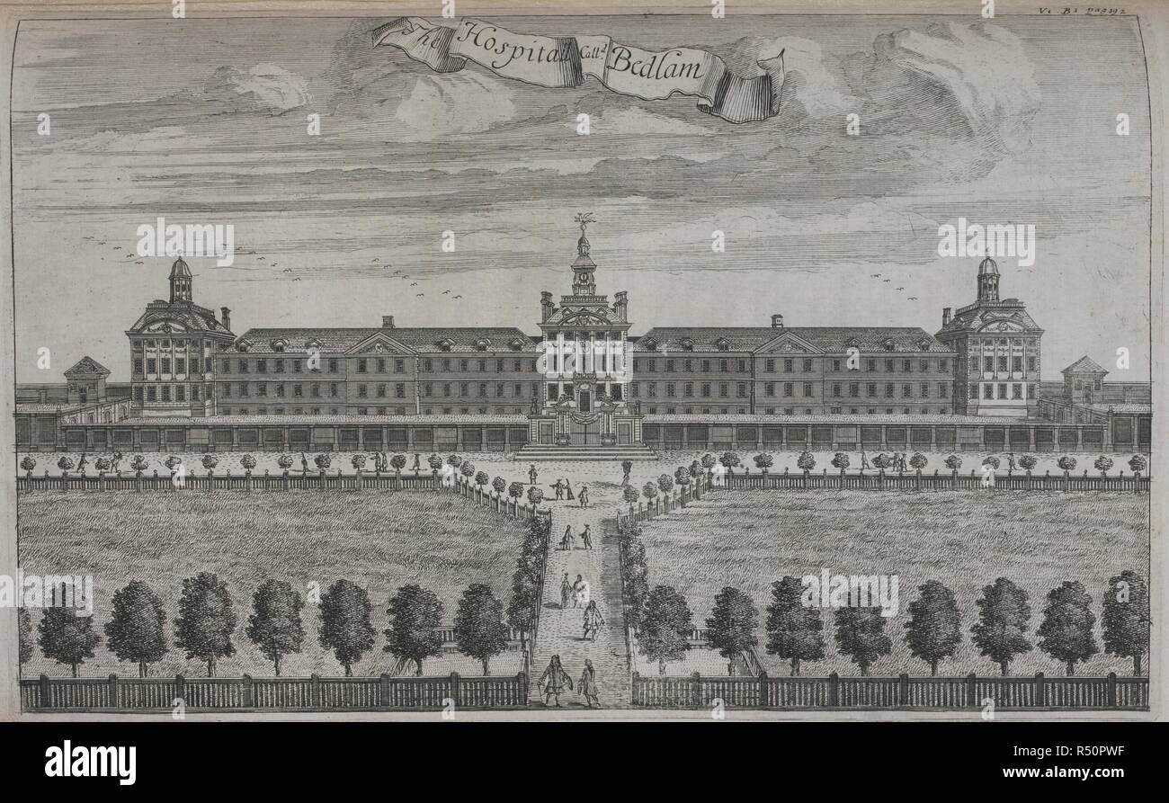 Hospitall appelé Bedlam. [Un Atlas de Londres, contenant un plan général et trente-six cartes des quartiers, des paroisses et des libertés civiles, avec vingt-cinq points de vue des principales institutions et des bâtiments. Basé sur un sondage antérieur par William Leybourn et Richard Blome]. Londres : A. Churchill, J. Knapton, etc., 1720. Source : 1791.d.5 vol.1.1 plate opp.192. Banque D'Images