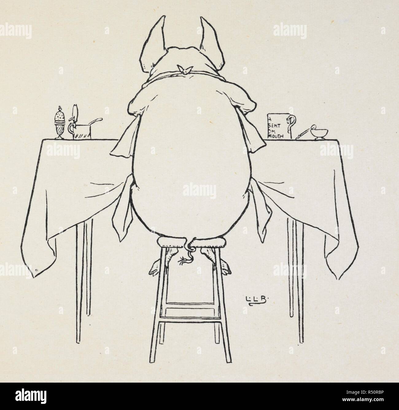 Un cochon manger assis à une table. L'Oie d'Or Livre : en cours de l'histoire de l'Oie d'Or, les trois ours, les 3 petits cochons, Tom Pouce. Avec de nombreux dessins en couleur et noir et blanc par L. L. Brooke. F. Warne & Co. : London & New York, [1905]. Source : 12812.b.52. Author : Brooke, L. Leslie. Banque D'Images