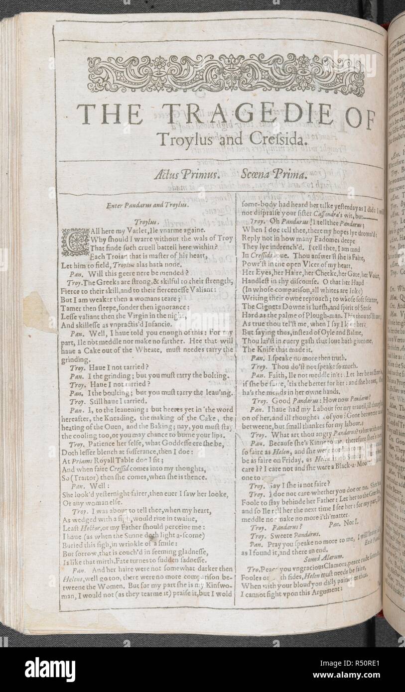 La tragedie de Troylus et Cresida. M. VVilliam comédies de Shakespeare, l'histoire, et de tragédies. Publié d'après le vrai originall exemplaires. Londres : imprimé par Isaac, Iaggard et Ed. Blount, 1623. Source : C.7.c.14.(4) page 78. Banque D'Images