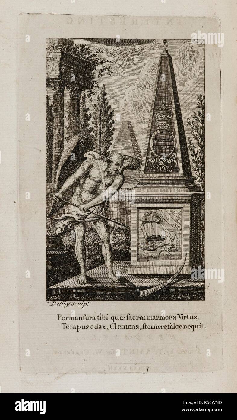 Illustration allégorique de la mort d'être conquise bv la Bible ou la parole de Dieu. Lettres intéressantes du Pape Clément XIV. À qui sont précédés d'anecdotes de sa vie ; traduit de l'édition française publiée à Paris par Lottin, etc.]. Newcastle, 1777. Source : 10909.f.5 (vol.1) frontispice. Langue : Français traduit de l'anglais. Banque D'Images