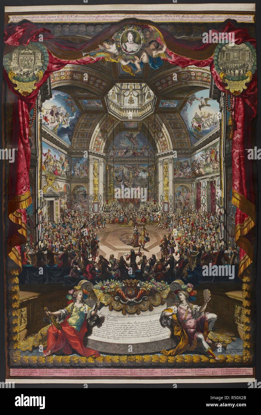 L'inscription du grand bal donné par S.A.R. Madame la princesse d'Orange en décembre 1686 dans le hall Orange dans le bois de La Haye en l'honneur de l'anniversaire de Son Altesse Royale le Prince d'Orange (1687). Cette magnifique montre d'impression le ballon tenu par la Princesse Marie, plus tard la reine Marie, dans le grand hall de la Huis ten Bosch en 1686 pour célébrer l'anniversaire de William III. La princesse Marie est représentée dans un ovale en haut de l'impression. Deux petites vignettes sur les côtés indiquent la chambre à l'entrée principale et un banquet de cérémonie. Une collection de 33 plans et vues de Rotterdam. Amsterdam, 1718. Source : Maps.C.9.e.8 Banque D'Images