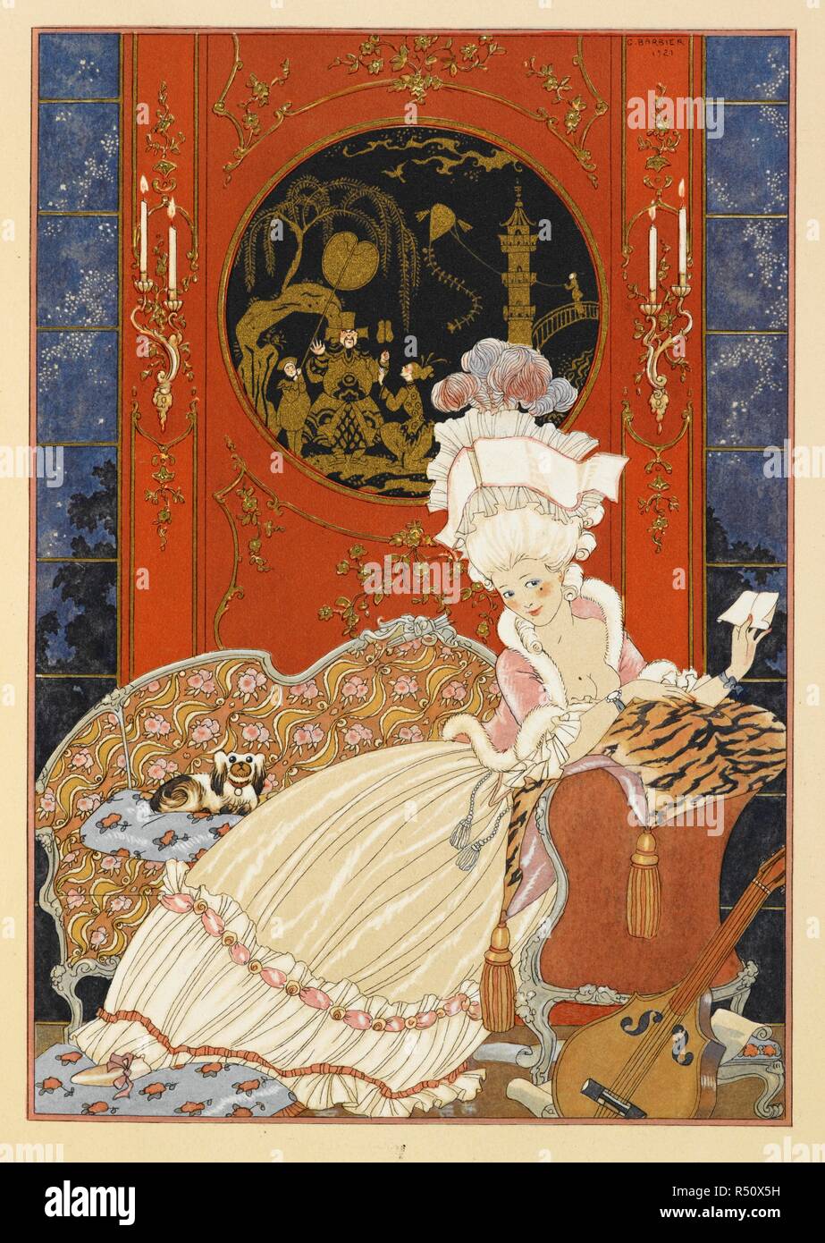 Lettre. Une femme lisant une lettre. FÃªtes galantes. [Mes]¨PoÃ. Illustrations de George Barbier. Paris : H. Piazza, 1928. FÃªtes Galantes est un album composé d'impressions de la vie romantique français parmi les classes supérieures du 19e siècle. Aristocrates riches de la cour française utilisé pour jouer gallant scènes de la commedia dell'arte, qui ont été appelés fête galantes. Les impressions accompagner la poésie de Paul Verlaine. Chaque album contient 20 lithographie imprime avec pochoir mettant en lumière par George Barbier. Source : L.45/2847, avant la page 71. Langue : Français. Banque D'Images