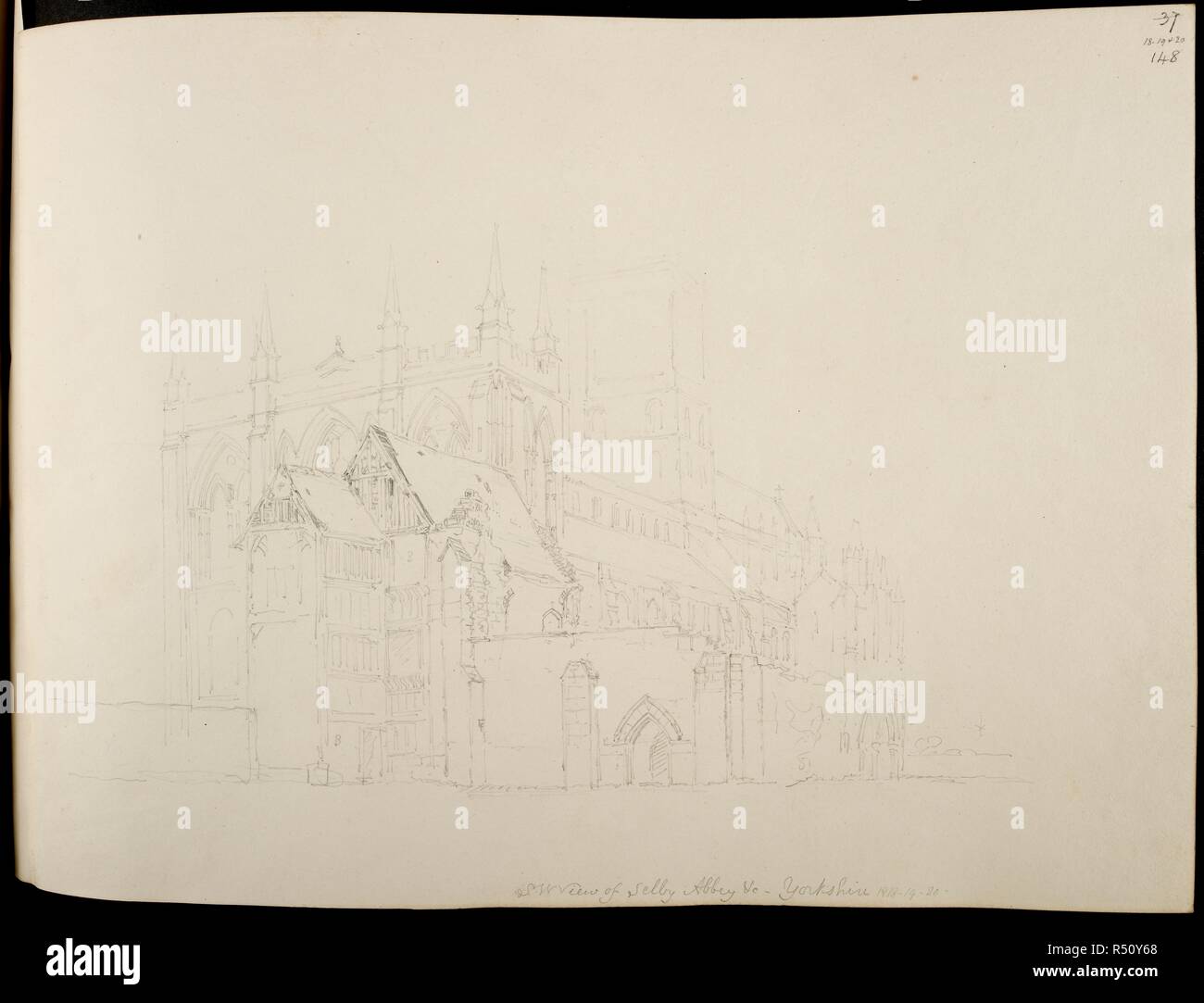 Dimensions de l'architecture religieuse faite entre la fin des années 1700 et le milieu des années 1850. Une grande église avec toit. . BUCKLER DESSINS. À partir de la BUCKLER DESSINS. Dessins d'églises paroissiales, demeure monastique, maisons, etc., en Angleterre et au Pays de Galles ; faites à divers moments de 1787 à 1897, mais surtout d'environ 1810 à 1850, et dans certains cas, montrant le même bâtiment avant et après la restauration ou la modification. Source : ajouter. 36395 18b f.148. Langue : Anglais. Banque D'Images