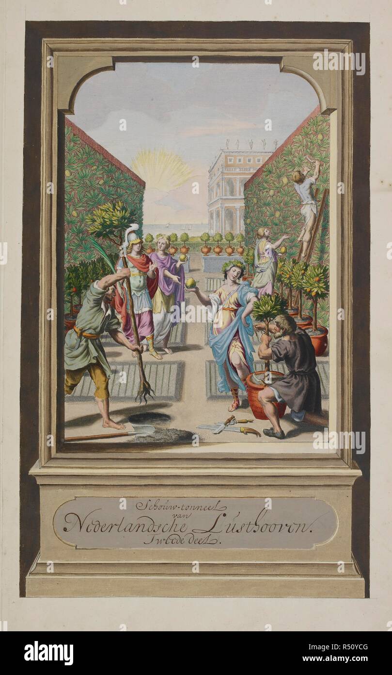 La flore, la déesse des fleurs. Une collection de 14 plans et vues de Gouda. Amsterdam, 1718. Un chiffre qui représente la flore, la déesse des fleurs, est montré tenant un citron. En face d'elle un jardinier plante un arbre orange et un autre semble être la préparation de greffer une branche sur un plus petit arbre orange. Un couple vêtu de façon classique à pied derrière la flore alors qu'un autre jardinier est sur le point de couper une autre citron pour un troisième chiffre. Dans l'arrière-plan il y a un grand palais à l'Italienne et un yacht-mer cloutés. Image prise de : une collection de 14 plans et vues de Gouda. Publié dans Amsterdam, 1718 . Sour Banque D'Images