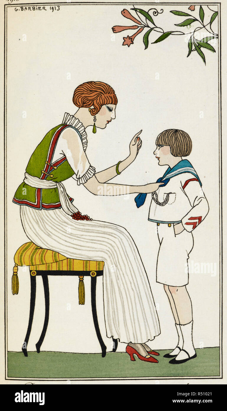 Une mère et l'enfant : une femme porte un haut vert son garçon porte une tenue de marin. La mode française. Chemisier (japonaise en soie sur une jupe plissee. Marin de toile blanche. Couture.) illustré par George Barbier. Musée : BRITISH LIBRARY. Banque D'Images