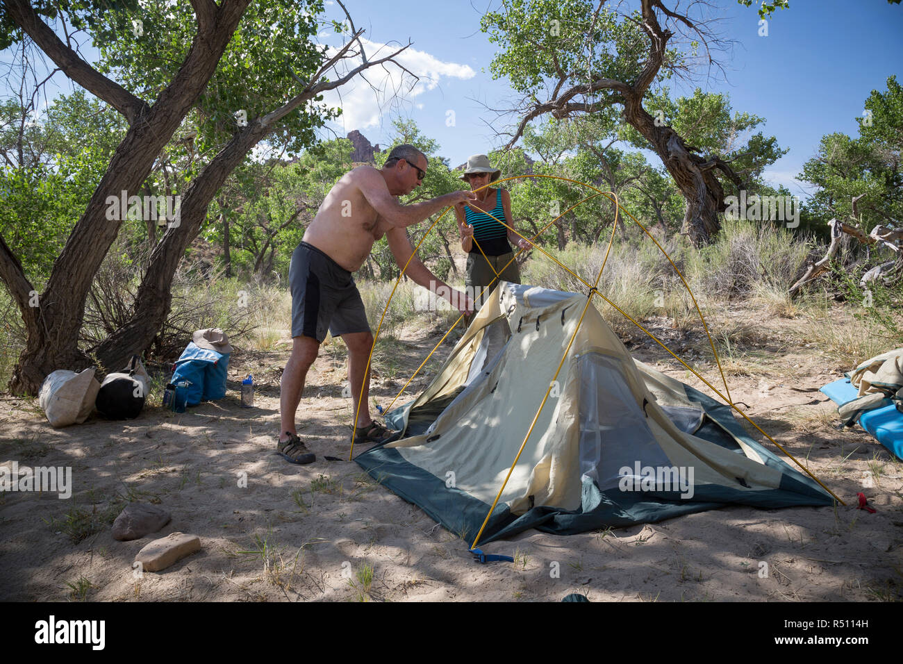 Un homme et une femme la mise en place d'une tente au camp pendant un voyage de rafting de la rivière Verte, la Désolation/Gris section Canyon, Utah, USA Banque D'Images