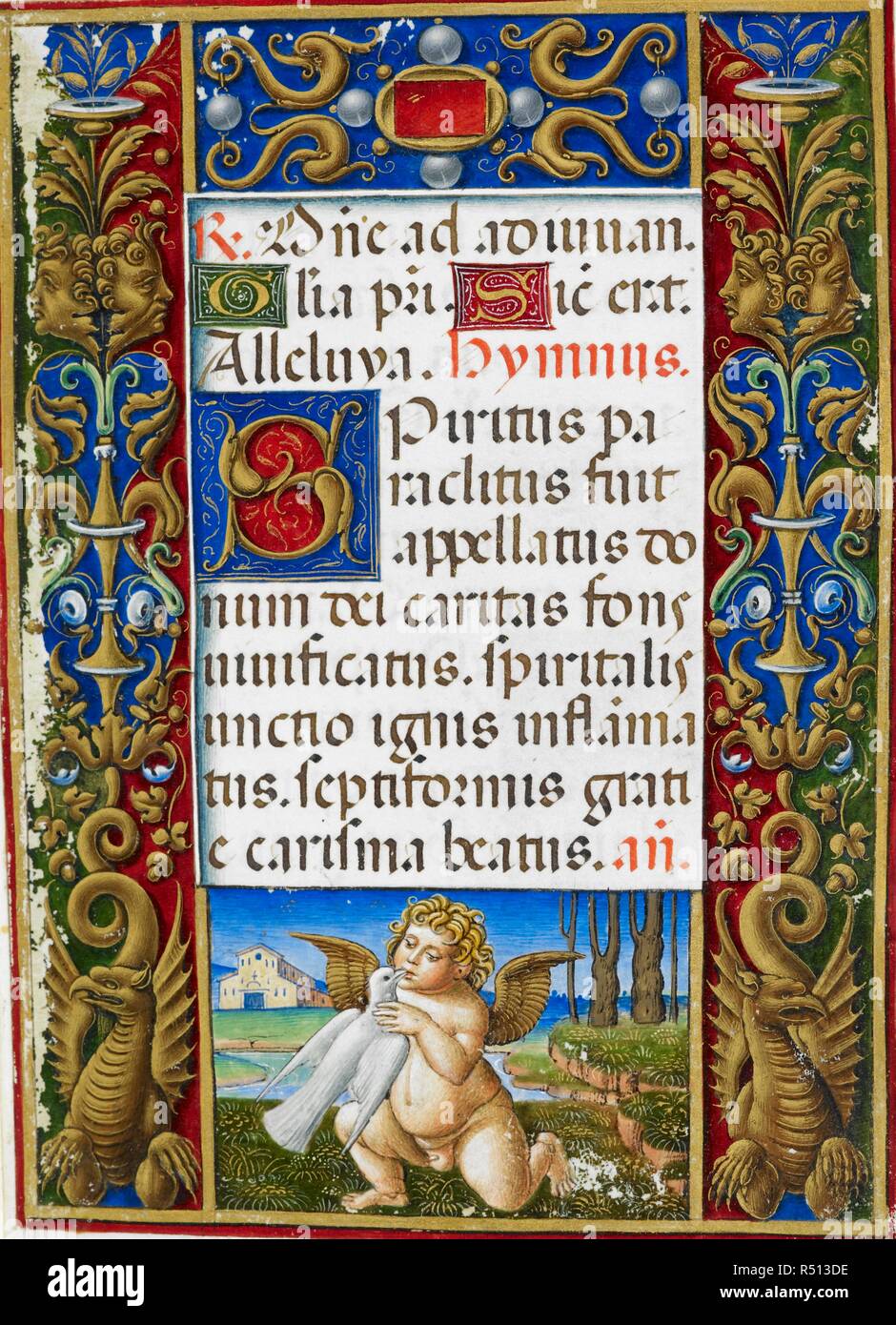 La page de texte à partir de heures de la Vierge avec frontière montrant un putto décorées en embrassant une colombe. Heures Sforza. Milan, vers 1490 ; insertions flamand, 1517-1520. Source : ajouter. 34294, f.35. Langue : le latin. Banque D'Images
