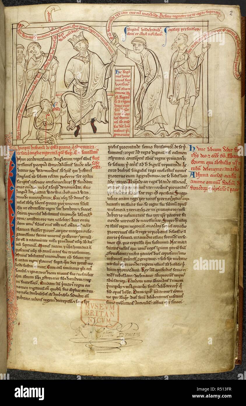 Le roi Offa, Warmundus, et Riganus. Vie de l'Offas. Londres [St Albans] ; années 1250-1254. Source : Cotton Nero D. I, f.2. Langue : le latin. Banque D'Images