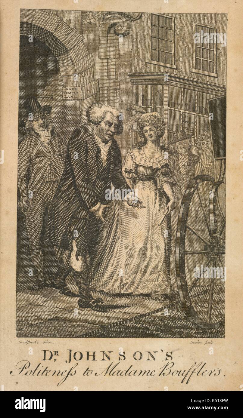 Samuel Johnson. La vie du Dr Samuel Johnson, Ll. D., soigneusement. L'Éditeur : Londres, 1792. Le Dr Johnson's politesse à Madame Boufflers. Image prise à partir de la vie du Dr Samuel Johnson, Ll. D., de l'abrégé soigneusement M. Boswell's grand travail. Par F. Thomas, Esq., de l'Inner Temple. [Avec un portrait.]. Publié à l'origine/produit dans l'Éditeur : Londres, 1792. . Source : 010822.de.90, frontispice. Langue : Anglais. Auteur : Barlow. Boswell, James, l'Aîné. Cruikshanks. Banque D'Images