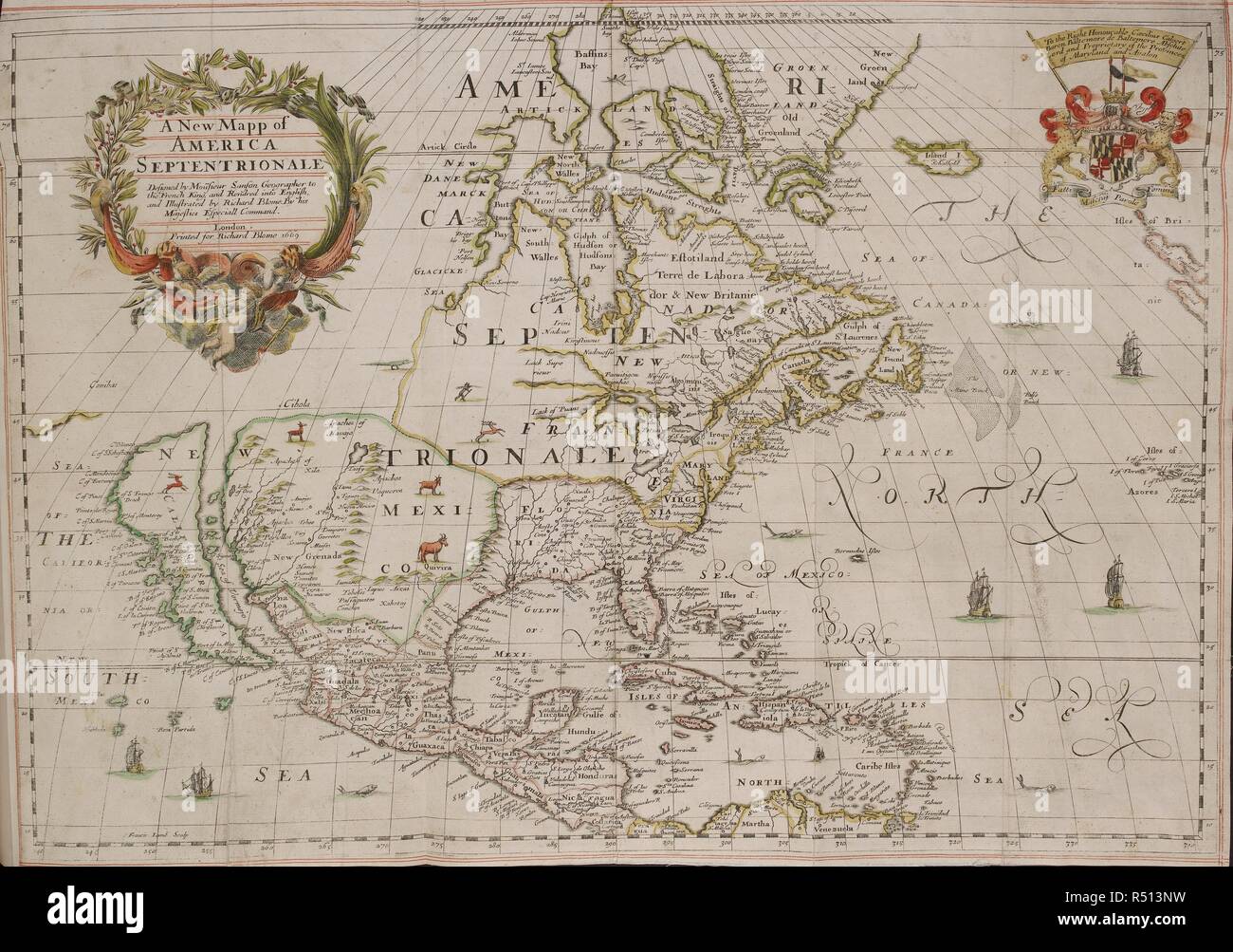 La carte des Amériques, 17e siècle. Un nouveau Mapp d'Amérique septentrionale. Conçu par MouÌ« ... rendred sieur Sanson et en anglais, et illustré par Richard Blome. Par ses Majestés especiall commande. Francis sculptures d'agneau. Londres : Imprimé pour Richard Blome, 1669. Source : C.39.d.2 page 4-5. Banque D'Images