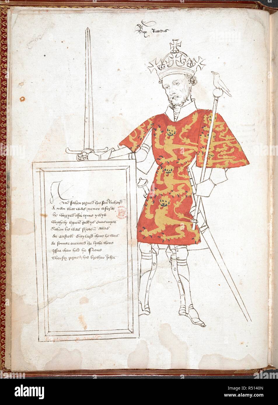 Dessin couleur d'un roi anglais en armure et tabard (Richard I), présentant une plaque avec des versets. Inachevé. Sir Thomas Holme's Book of Arms : anonyme vers sur les rois d'Angleterre ... (Partie 1 folios 1 à 8). L'Angleterre, S. E. (probablement à Londres) ; c. 1445-c. 1450. De nombreux dessins en couleur des rois Anglais en armure et tabard, présentant une plaque avec des versets. Source : Harley 4205 f.3c. Langue : Anglais. Cursive gothique. Banque D'Images