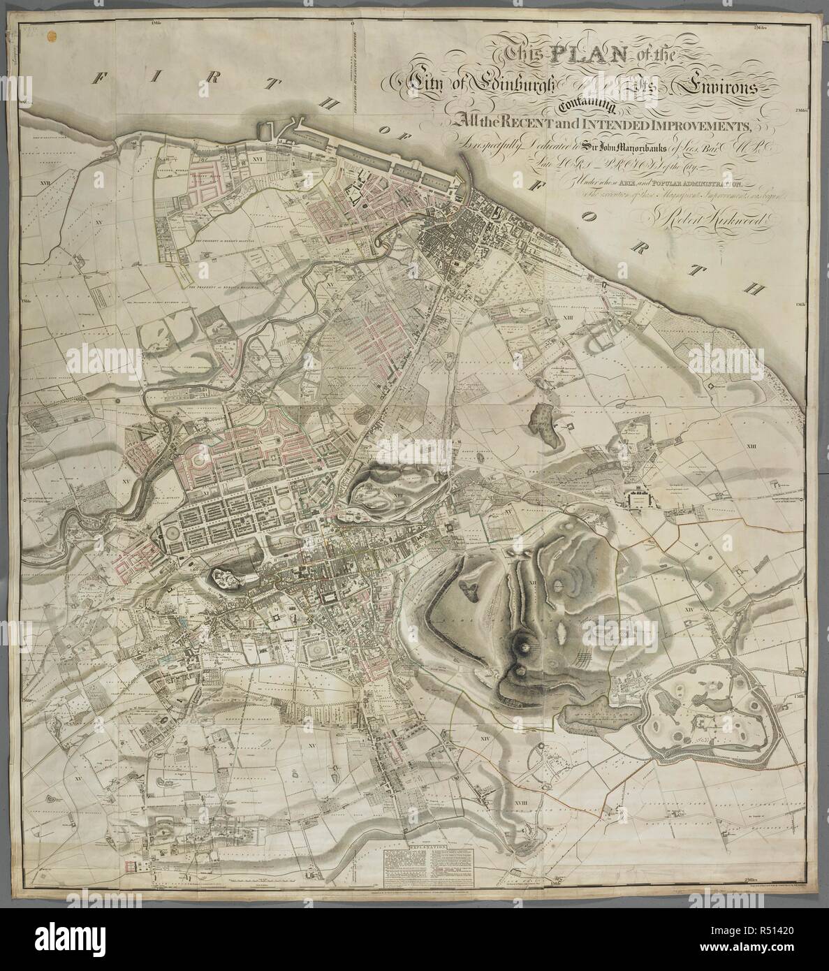 Un plan d'Édimbourg et ses environs. Ce plan de la ville d'Édimbourg et ses environs contenant toutes les améliorations récentes et prévues, : Est respectueusement dédié à Sir John Marjoribanks de lies, Bar.t député feu Lord Provost de la ville, dont la mesure, et populaire de l'administration, l'exécution de ces magnifiques améliorations a été commencé. [Paris] ; [Londres] ; [Dublin] Publié : comme la Loi stipule par Kirkwood & Fils n° 19 Place du Parlement Edinburgh : W.m Faden Charing Cross London : & W.m Allan Dublin, 1817. Source : Maps K.Haut 49.64.2.11.TAB.FIN. Langue : Anglais. Banque D'Images