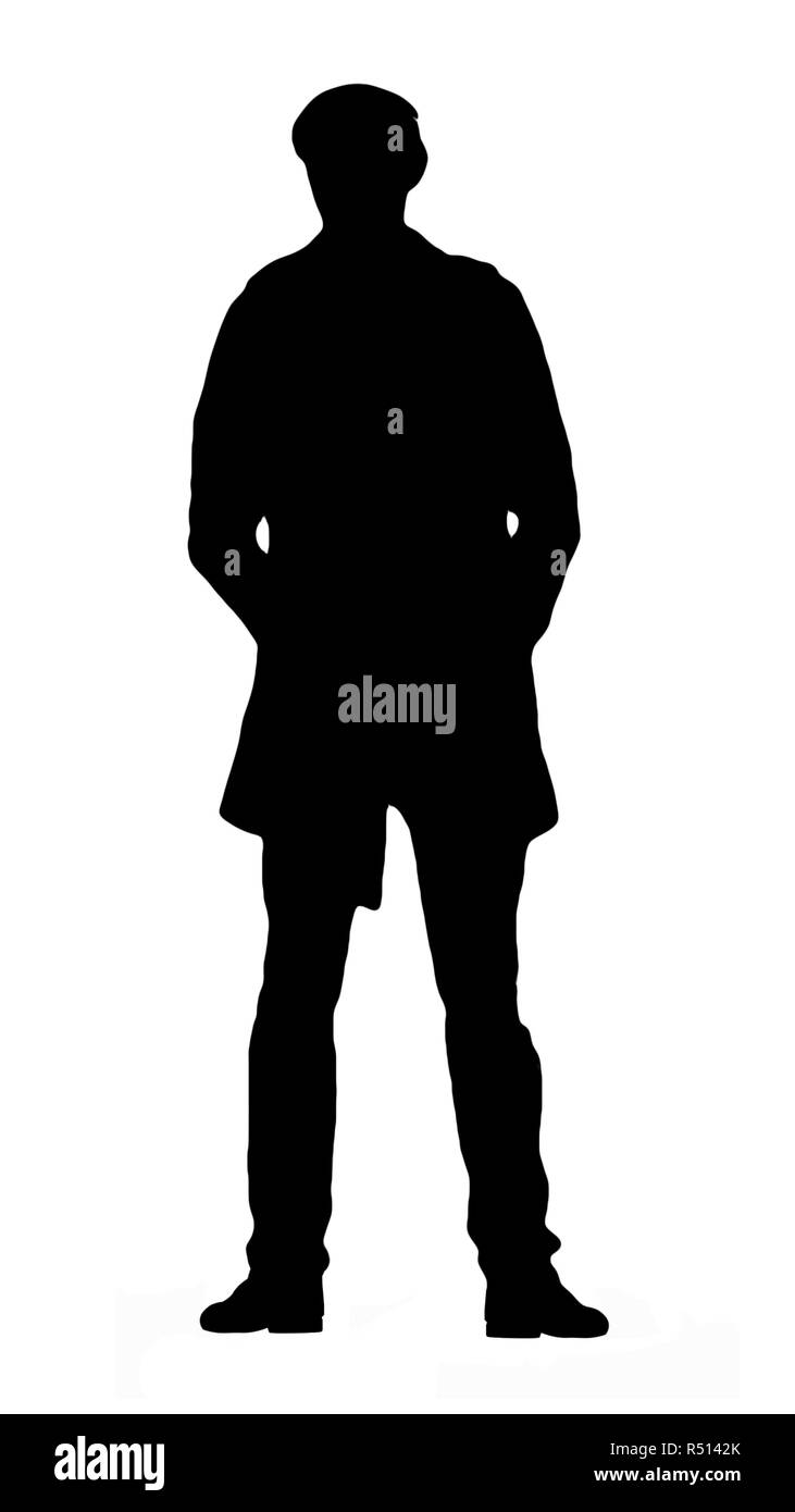 Silhouette noire d'un adulte, mince et jeune homme, debout dans la posture de l'attente et les mains dans les poches de pantalons. Isolé sur fond blanc Banque D'Images Silhouette noire d'un adulte, mince et jeune homme, debout dans la posture de l'attente et les mains dans les poches de pantalons. Isolé sur fond blanc Banque D'Images