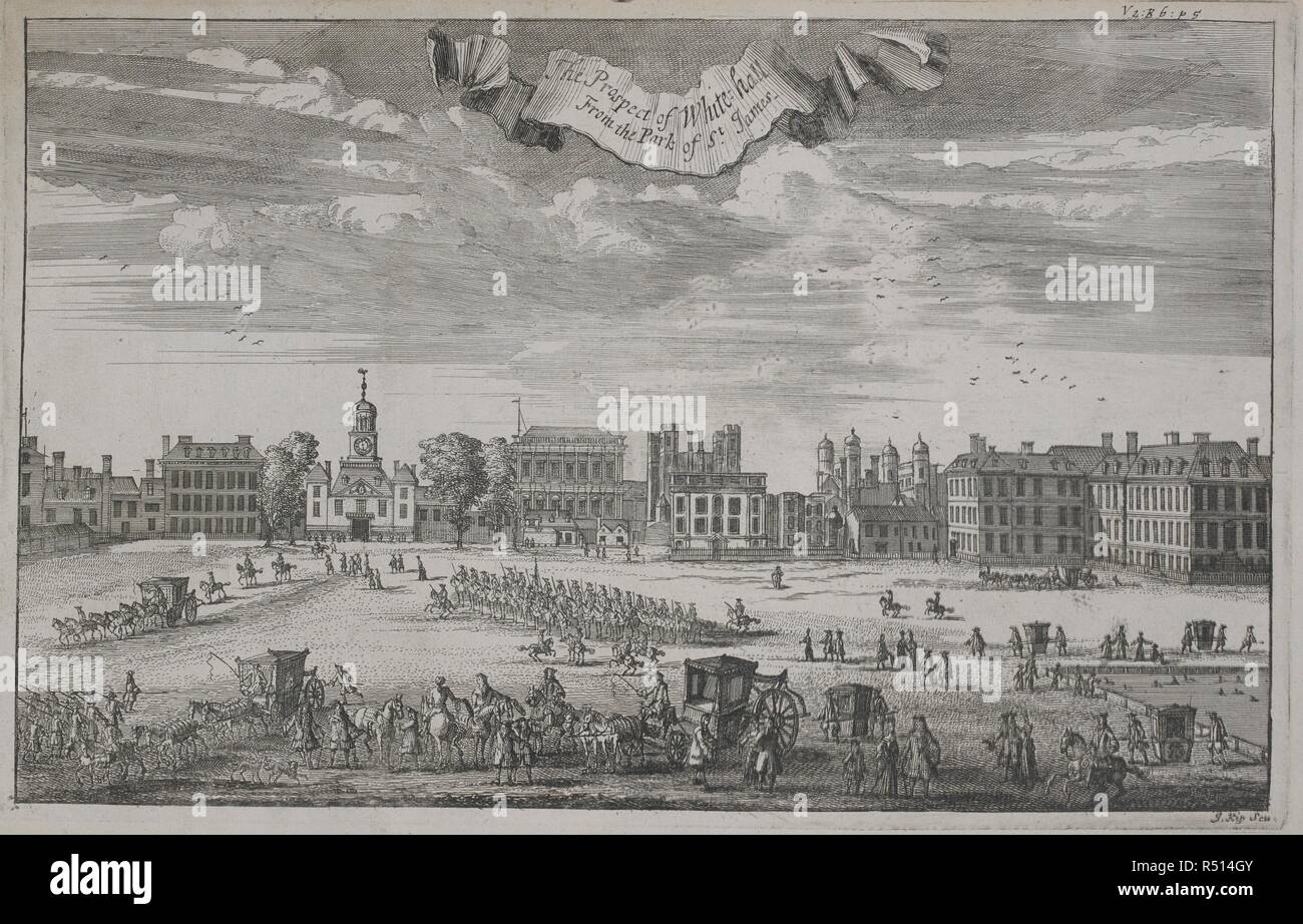 La perspective de Whitehall du parc de Saint James. [Un Atlas de Londres, contenant un plan général et trente-six cartes des quartiers, des paroisses et des libertés civiles, avec vingt-cinq points de vue des principales institutions et des bâtiments. Basé sur un sondage antérieur par William Leybourn et Richard Blome]. Londres : A. Churchill, J. Knapton, etc., 1720. Source : 1791.d.5, vol.2.2 opp.5. Banque D'Images