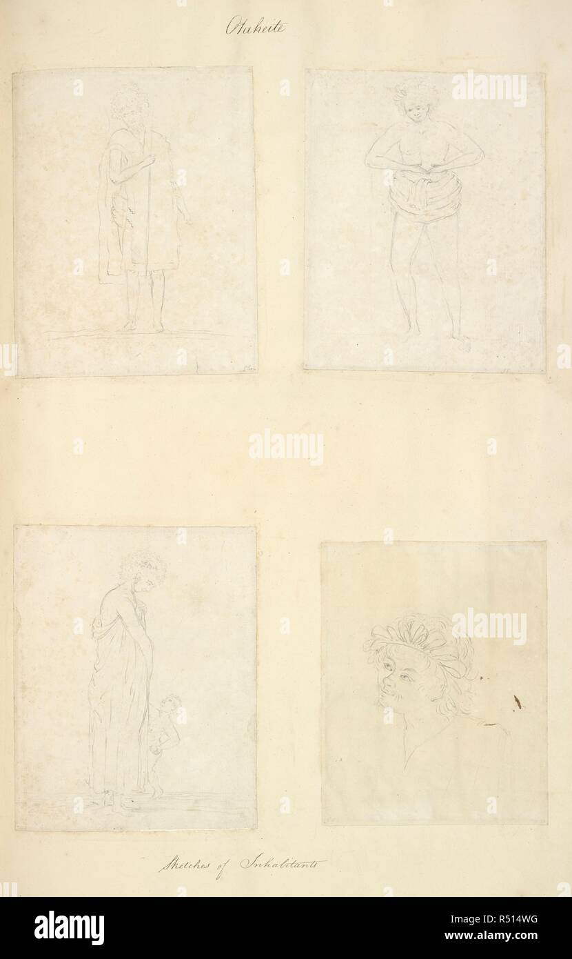 Otaheite. Quatre esquisses d'habitants. Une collection de dessins par A. Buchan, S. Parkinson, et J. F. Miller, réalisés dans les pays visités par le capitaine James Cook dans son premier voyage [1768-1771], également d'impressions publié dans ses voyages de John Hawksworth Biron [Byron], Wallis et Cook [1773], ainsi que dans la deuxième et troisième voyages [1772-1775, 1776-1780]. 1768-1780. Source : Add.23921 f.49. Banque D'Images