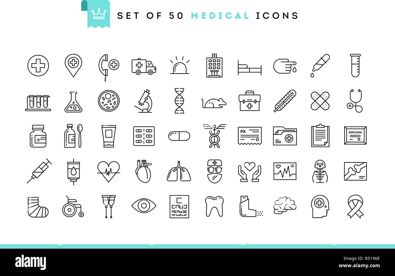 Jeu de 50 icônes médicale, style de ligne mince Illustration de Vecteur