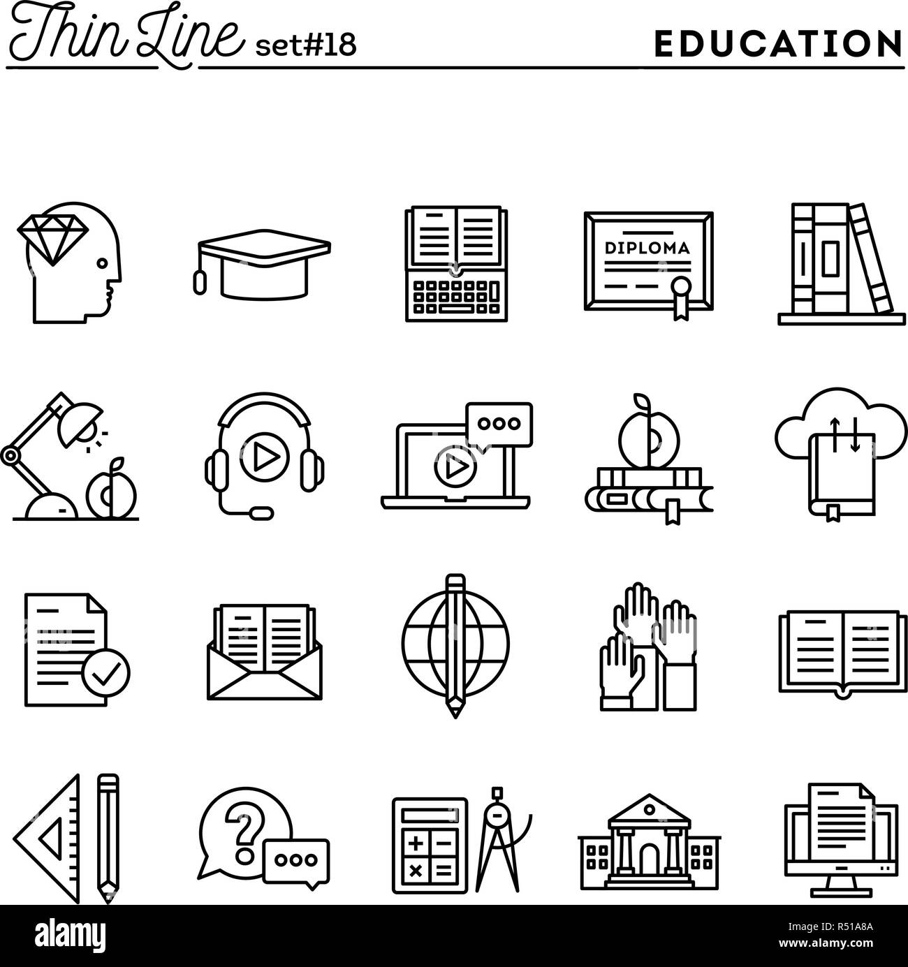 L'éducation, de livres en ligne, l'apprentissage à distance, séminaire et plus, fine ligne icons set Illustration de Vecteur