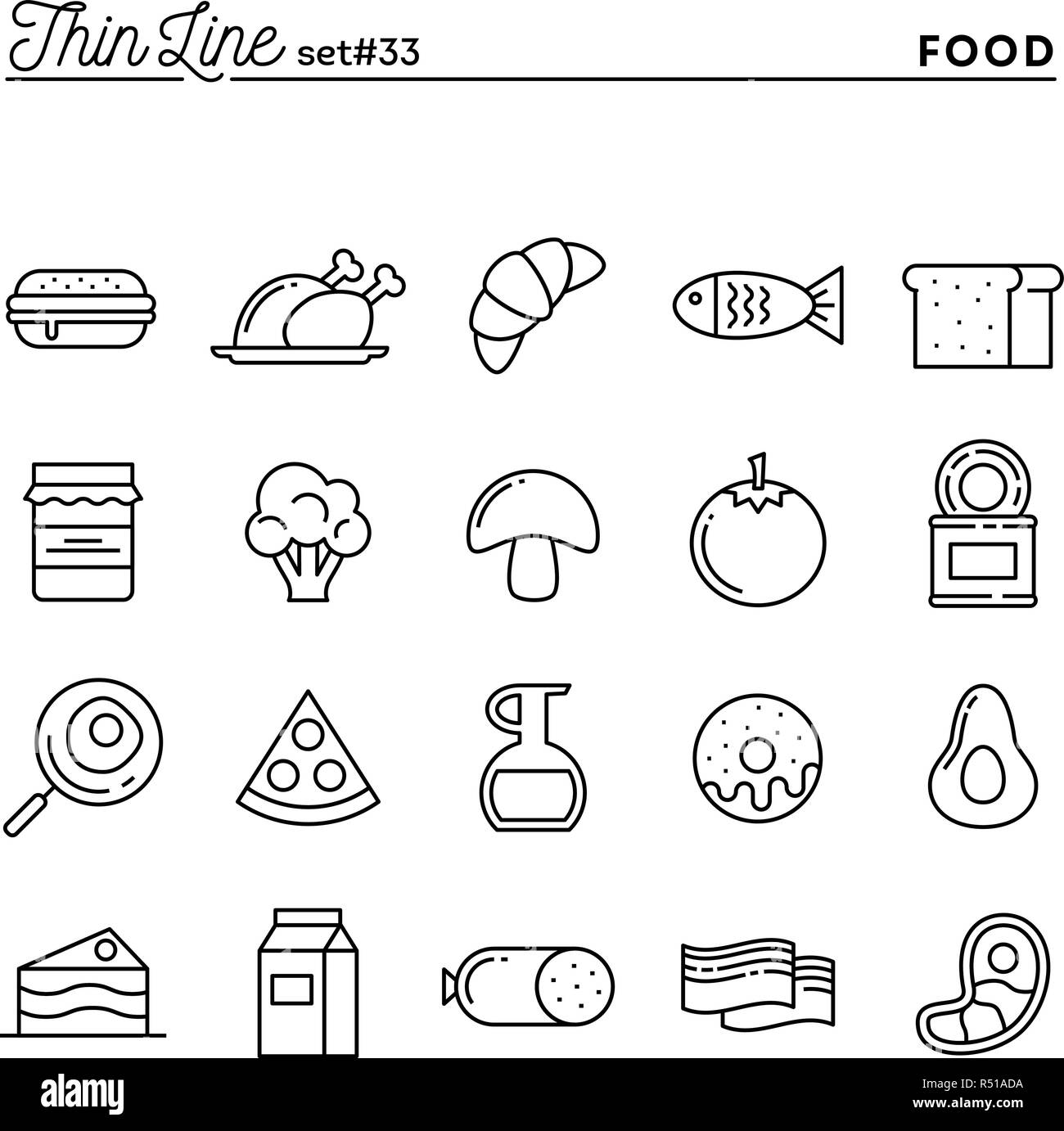 La nourriture, de la viande, des légumes et plus, fine ligne icons set Illustration de Vecteur