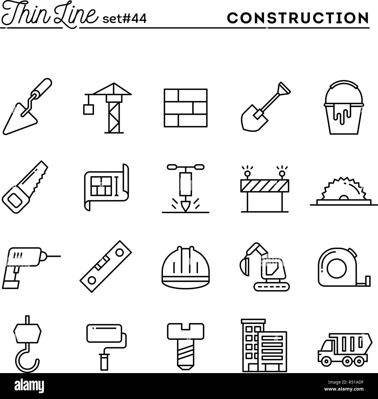 La construction, bâtiment, projet, outils et d'autres encore, fine ligne icons set Illustration de Vecteur