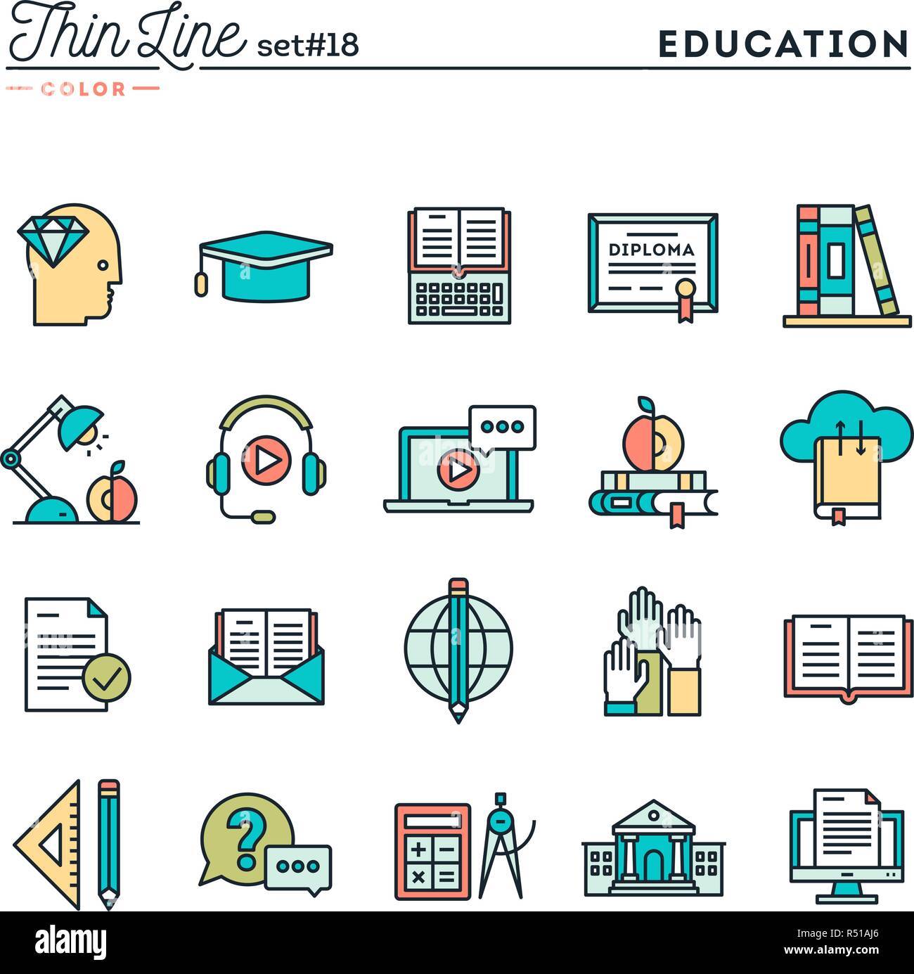 L'éducation, de livres en ligne, l'apprentissage à distance, séminaire et plus, fine ligne color icons set Illustration de Vecteur