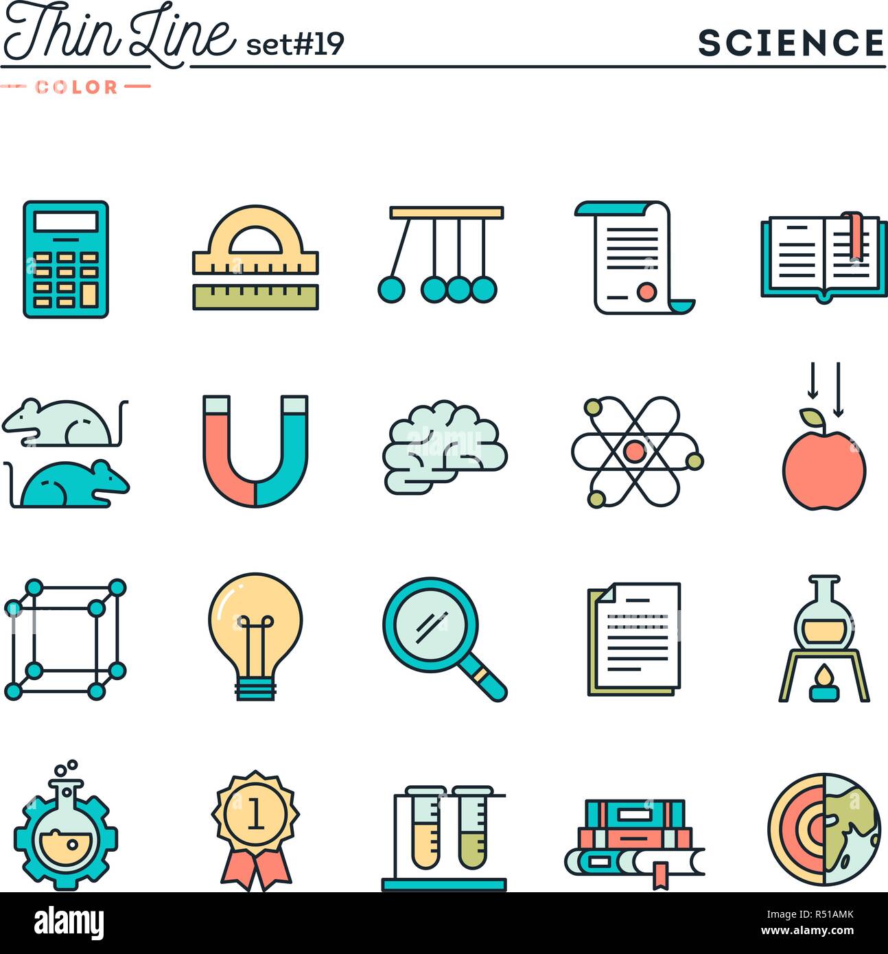 La science, l'expérimentation, de laboratoire, d'études et de plus, fine ligne color icons set Illustration de Vecteur