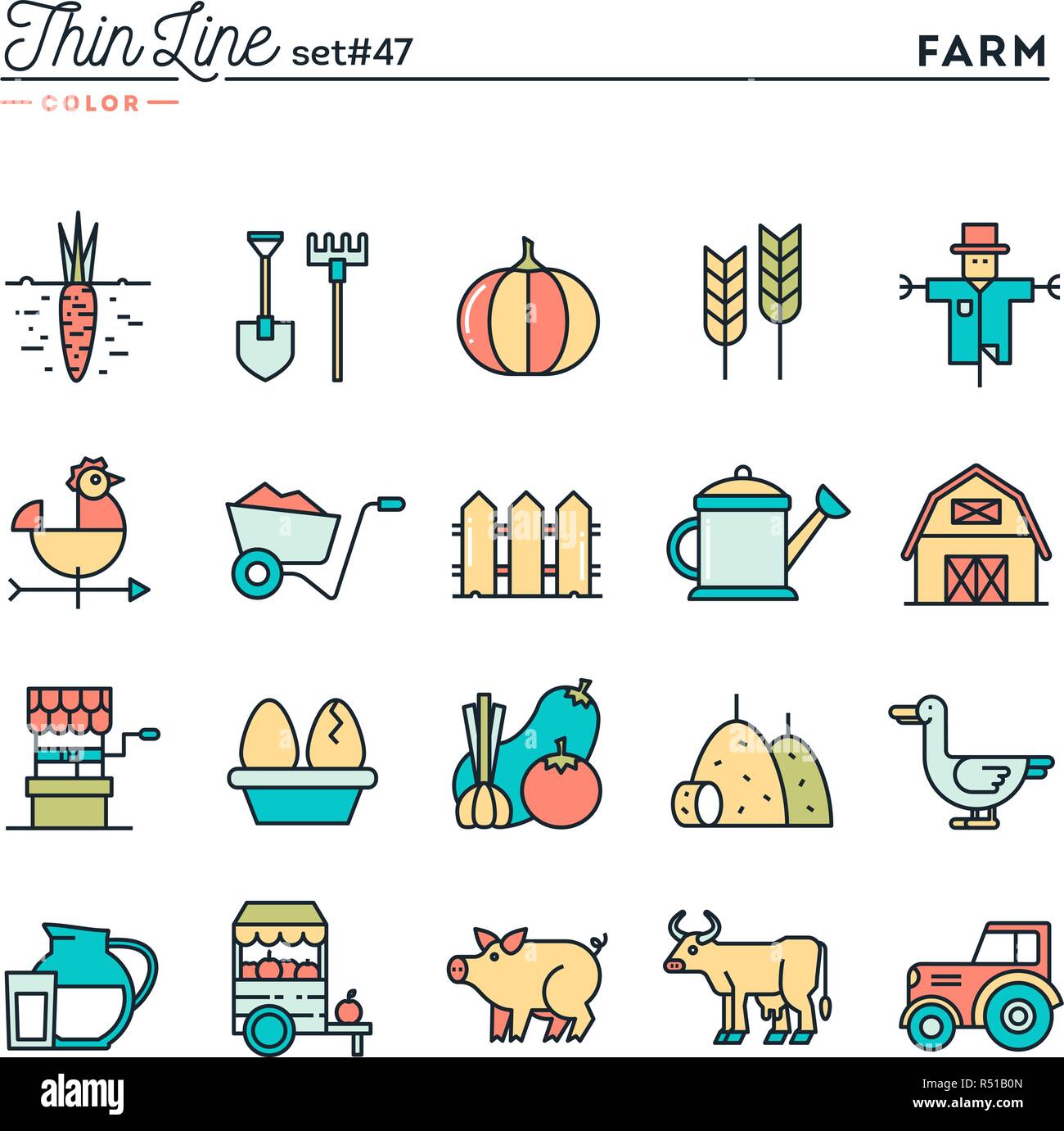 Ferme, les animaux, la terre, la production alimentaire et, plus fine ligne color icons set Illustration de Vecteur