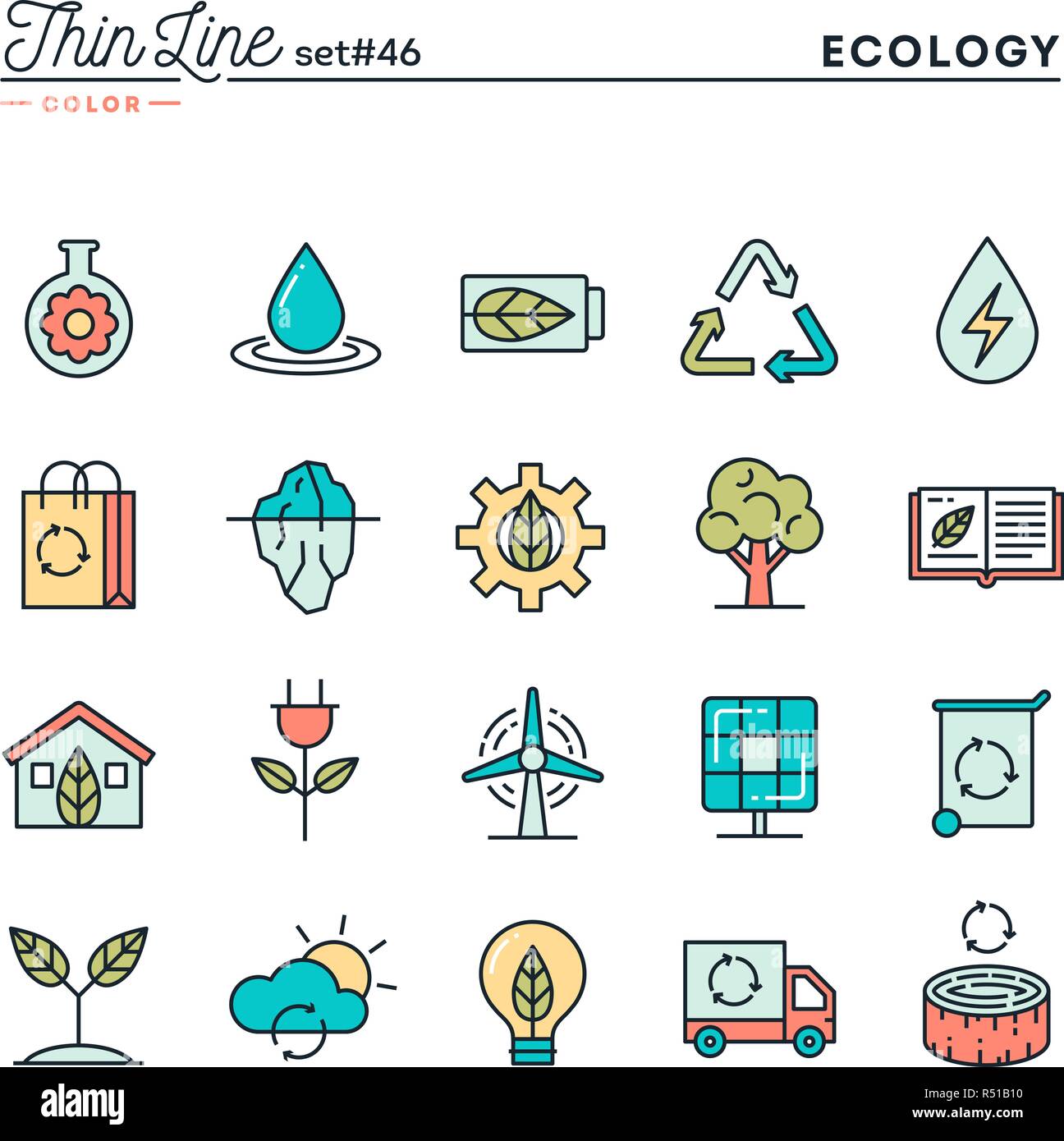 L'écologie, la nature, l'énergie propre, recyclage et plus, fine ligne color icons set Illustration de Vecteur
