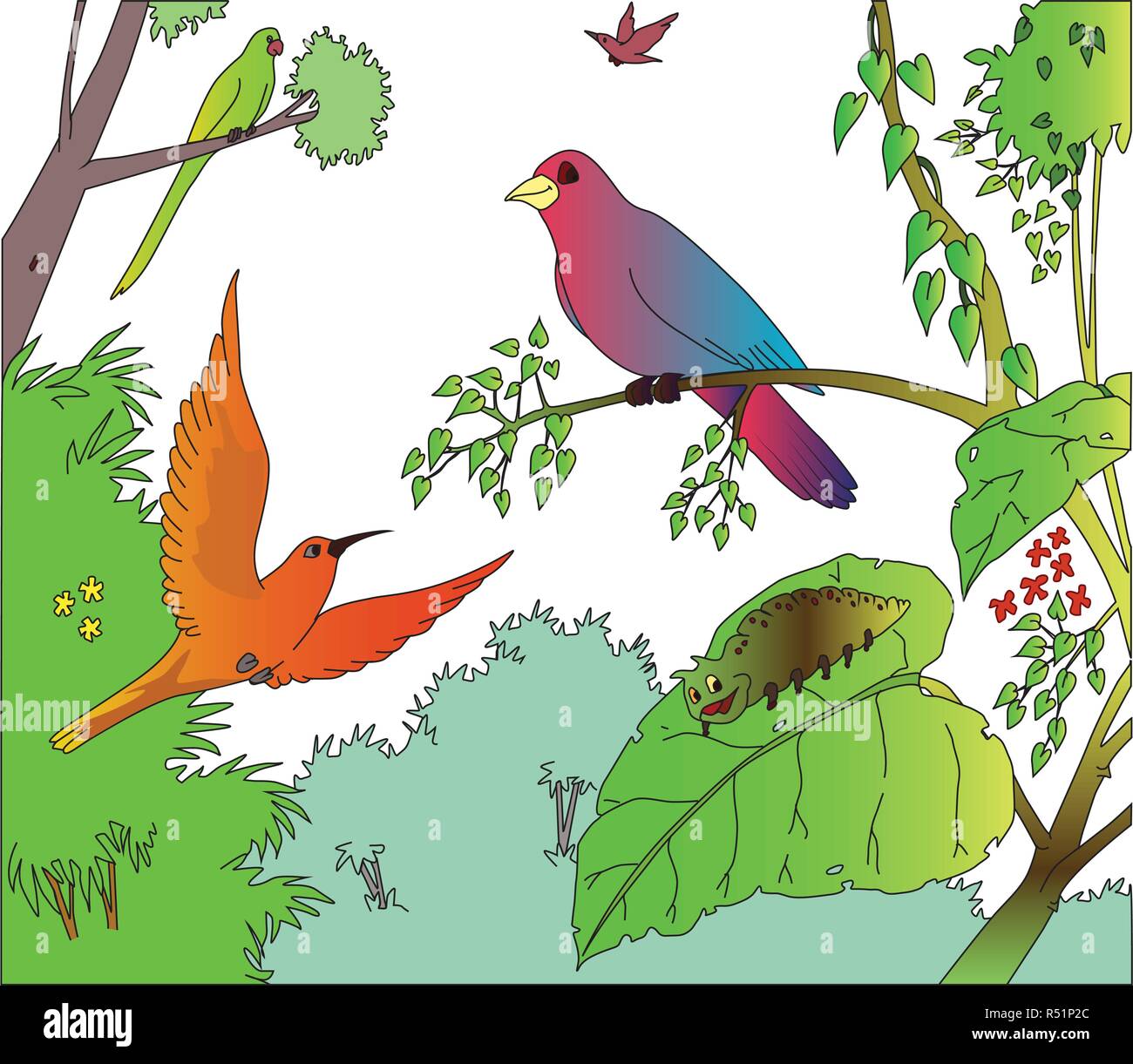 Deux oiseaux et Catterpillar Illustration de Vecteur
