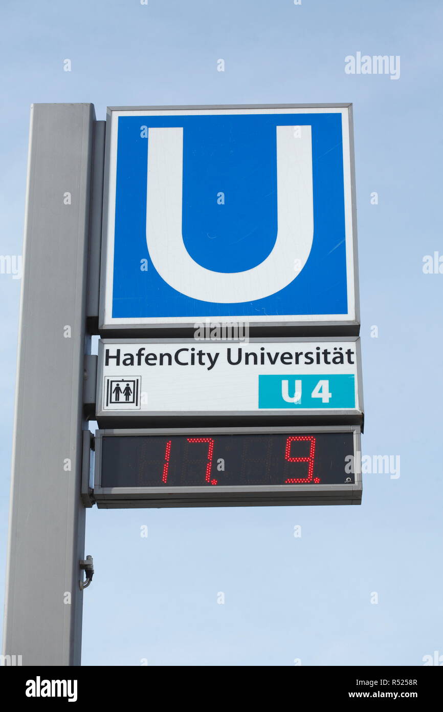La station de U-Bahn pictogramme HafenCity University, ligne de métro U4, Hafencity, Hambourg, Allemagne, Europe je Pictogramm U-Bahn Haltestelle HafenCity Universi Banque D'Images