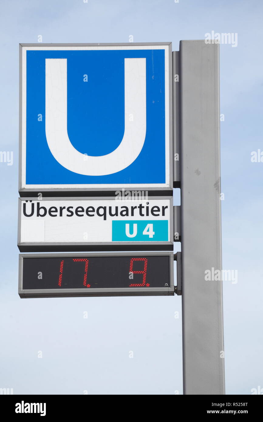 La station de U-Bahn Pictogramm Übersequartier, ligne de métro U4, Hafencity, Hambourg, Allemagne, Europe je Pictogramm U-Bahn Haltestelle Ãoeberssequartier , U-Ba Banque D'Images