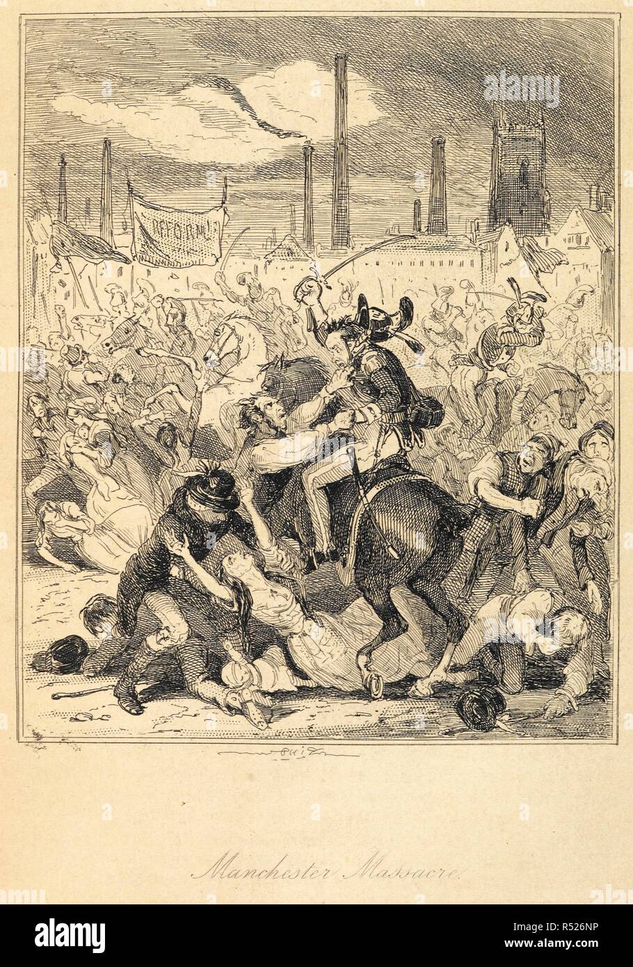 Massacre de Manchester'. Le massacre de Peterloo (ou bataille de Peterloo) a eu lieu à St Peter's Field, Manchester, Angleterre, le 16 août 1819, lorsque la cavalerie chargée dans une foule de 60 000 â€"80 000 qui s'étaient rassemblés pour exiger la réforme de la représentation parlementaire. . Les Chroniques du crime ; ou, le nouveau Newgate Calendar ... ... Avec gravures de ... des dessins par oePhizâ «€ [c.-à-d. H. K. Browne]. Londres, 1841. Source : 1131.d.1,2. Auteur : Hablot Knight Browne Phiz. Banque D'Images