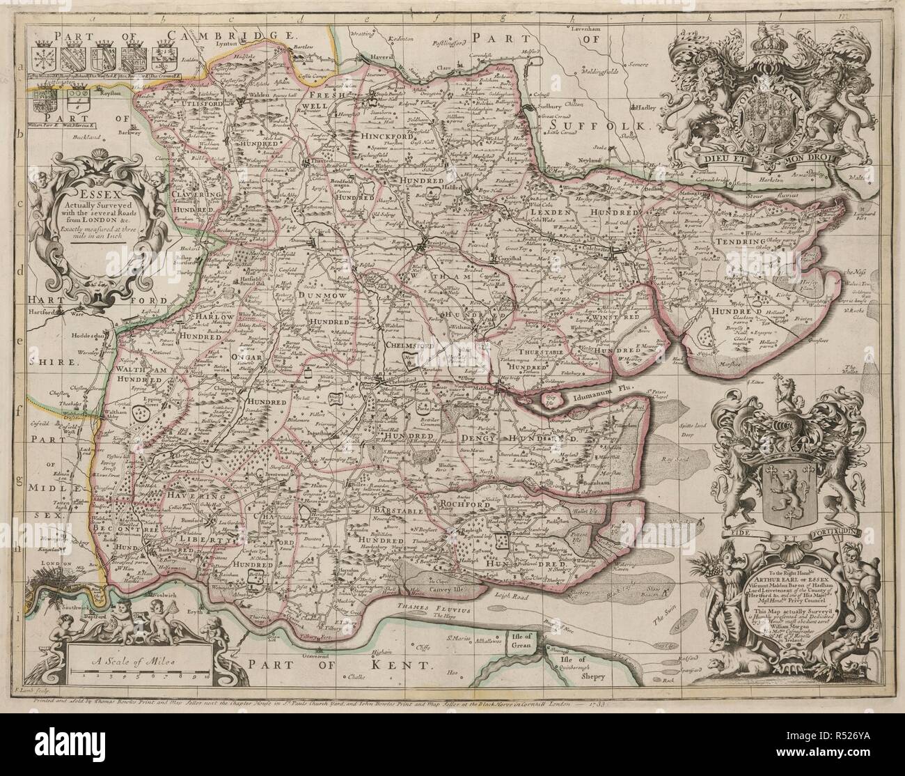 Une carte de l'Essex. Essex, en fait l'enquête, les nombreuses routes de Londres, &c. ... Par John Catholicus et mait Morgan, Son Majtles Cosmographers. À droite Honoble Arthur comte d'Essex ... cette carte enquête réellement'd est ... dédié par ... William Morgan, etc. Londres : imprimé et vendu par Thomas Bowles et John Bowles, 1733. Source : Maps K.Haut.13.4. Langue : Anglais. Banque D'Images