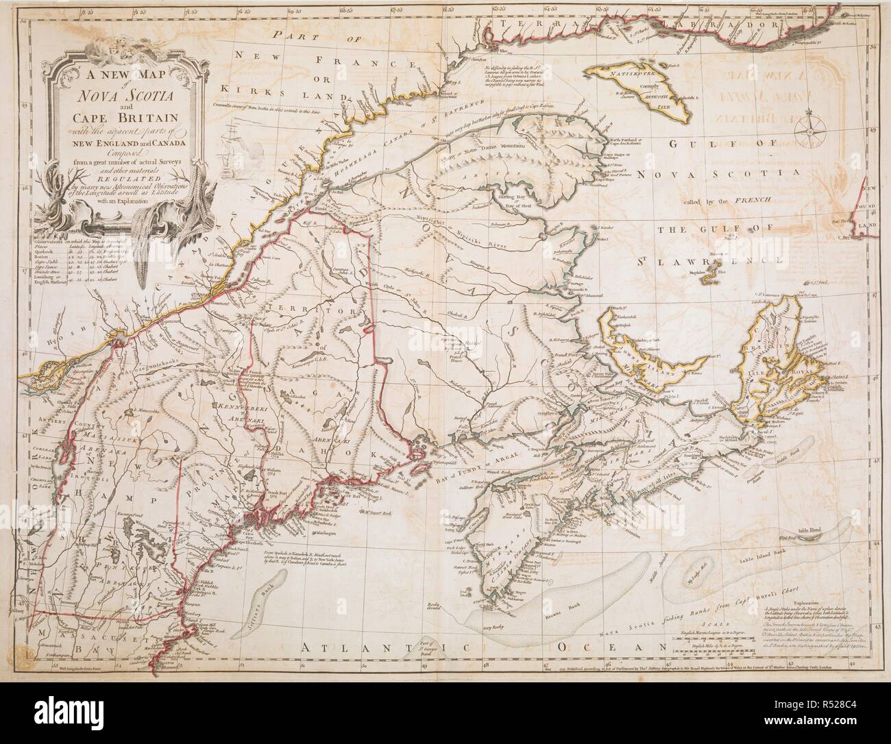 Une carte de la Nouvelle-Écosse et du Cap-Breton. Détail géographique s'étend de Cape Breton, à l'est le fleuve Saint-Laurent aussi loin que MontrÃ©al, et à partir de la côte du Labrador, dans le nord de Port de Boston dans le sud. Une nouvelle carte de la Nouvelle-Écosse et CAP BRETAGNE avec les pièces adjacentes de la Nouvelle Angleterre et le Canada : composé d'un grand nombre d'enquêtes et d'autres matériaux réglementés par de nombreuses nouvelles observations astronomiques de la longitude et de la Latitude avec une explication. [Paris] : Mai 1755 Publié en vertu de la loi du Parlement par Thos. Géographe Jefferys à Son Altesse Royale Banque D'Images